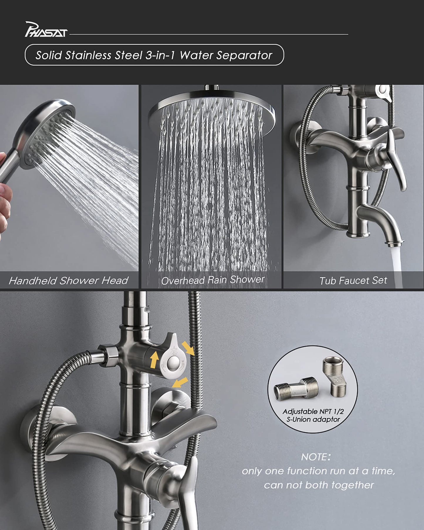 PHASAT Shower Fixtures,SUS 304 Stainless Steel Wall mounted Exposed Shower System,3 Function Outdoor Shower,Brushed Nickel,CT8121