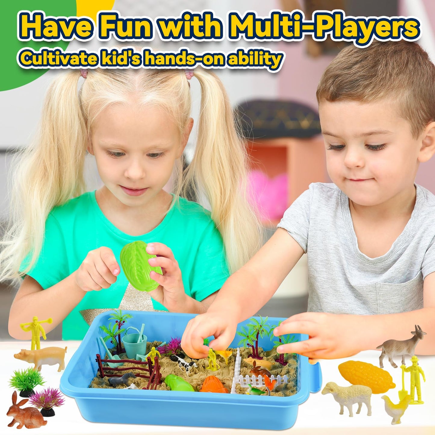 KAYOMIPE Farm Play Sand Toys for Toddlers, 45PCS 2.65Lbs Sensory Sand Set, Kids 3-7 Indoor Outdoor Toys, Christmas Birthday Gift for Boys Girls