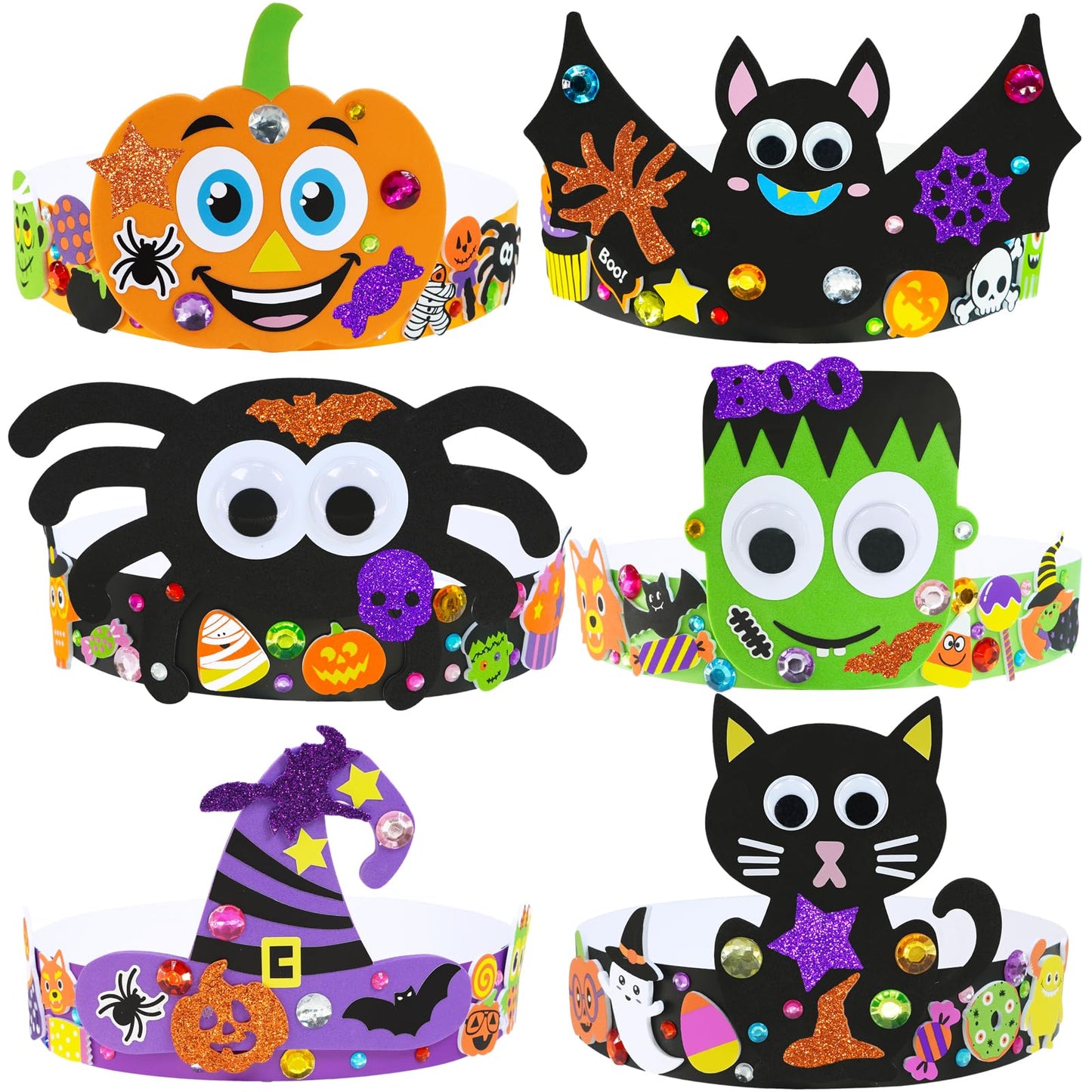 Winlyn 24 Sets Halloween Headbands Craft Kits DIY Crown Art Sets Spider Bat Jack-o'-Lantern Witch Hat with Halloween Foam Stickers Crafts for Kids Classroom Activities Party Favors Trick-or-Treat