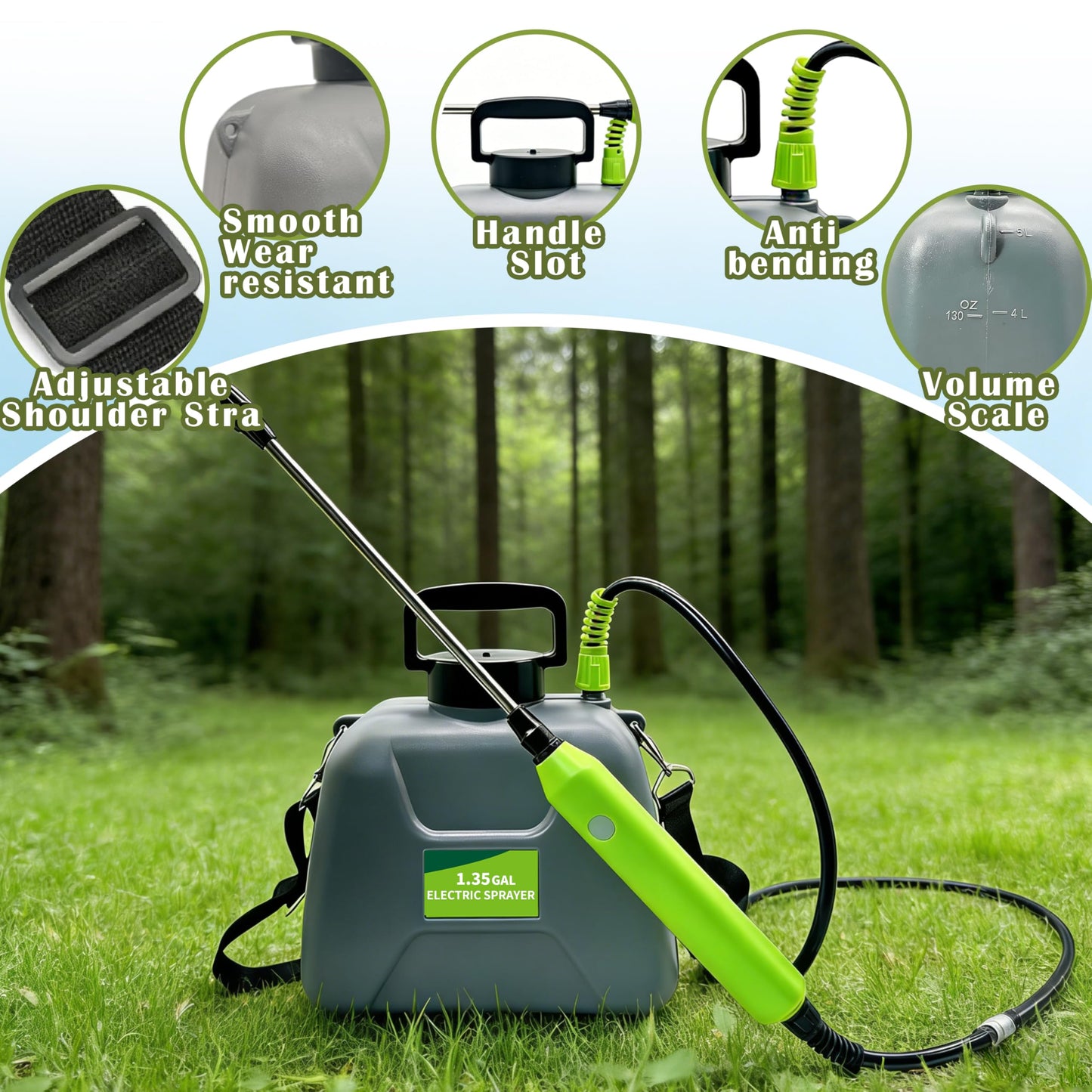 1.35 Gallon Battery Powered Sprayer, Covers 3,000 Sq Ft per Tank – Electric Sprayer with 3 Interchangeable Nozzles, Adjustable Shoulder Strap for Lawn, Garden, Weed Control – Gray