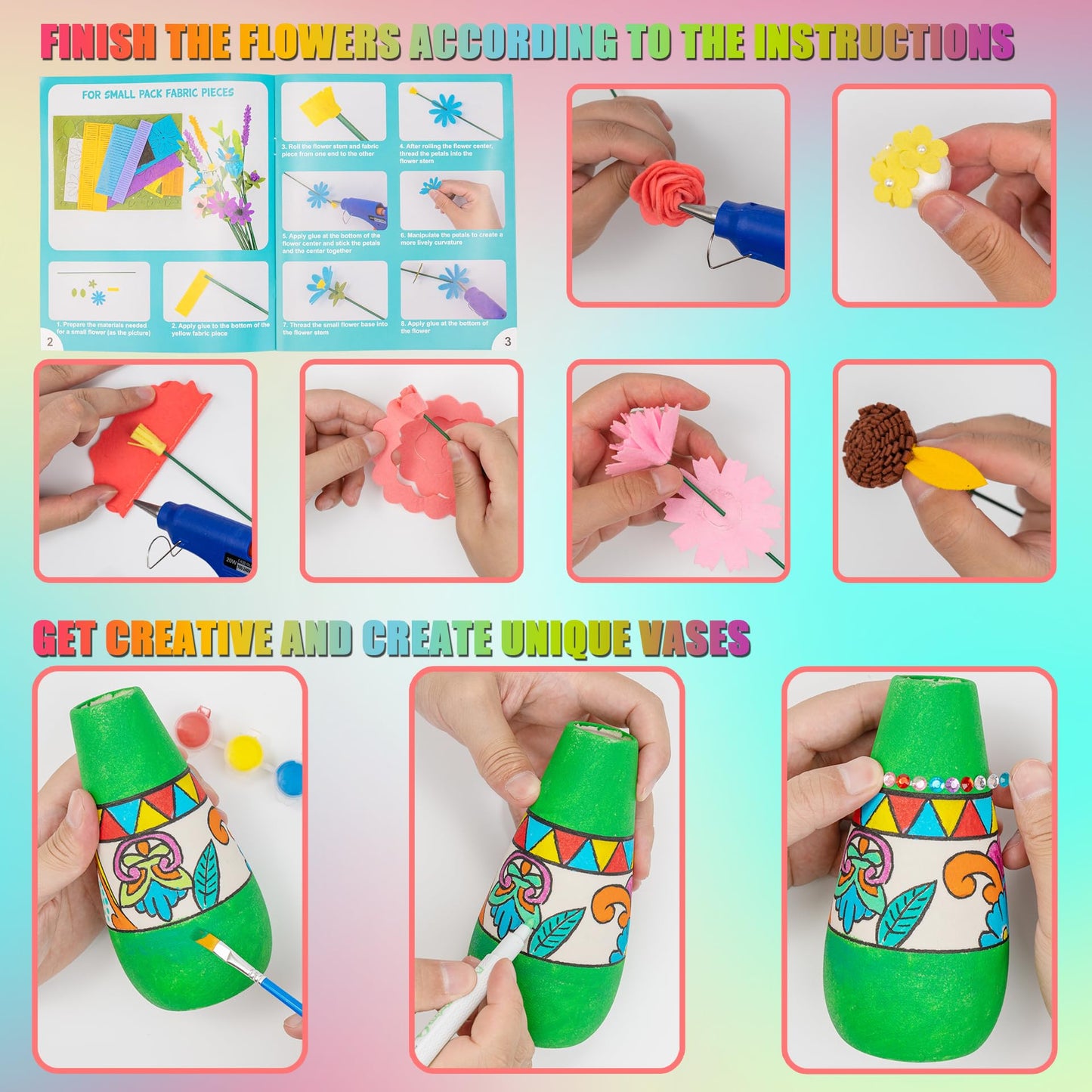 FTBox Crafts Kit for Girls Ages 6-12, Felt Flowers Bouquet and Paint Vase Art Craft Project for Girls, DIY Activity Christmas Birthday Gift for Kids Age 8 9 10 11 12 Year Old (Ceramic Vases)
