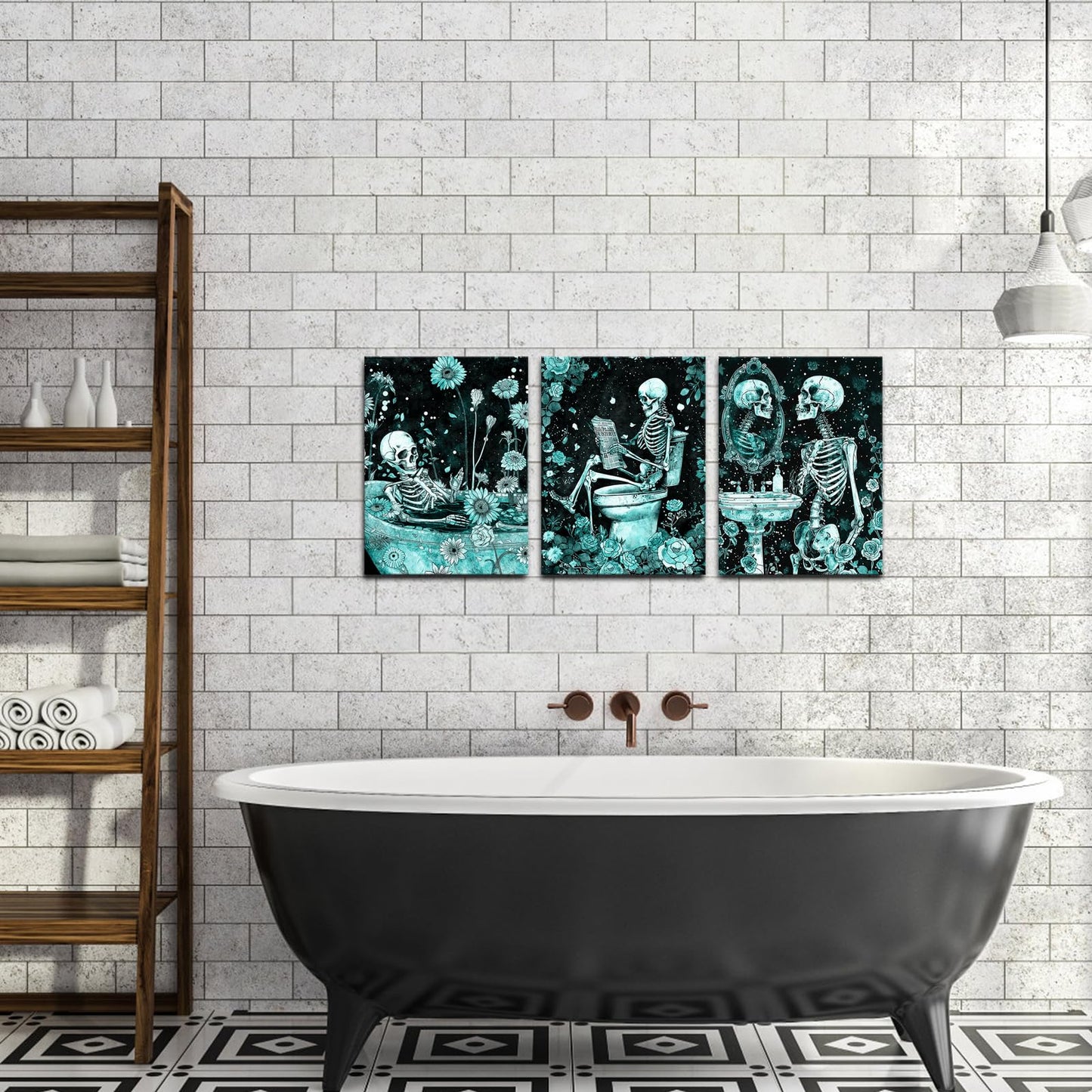 FuShvre Skeleton Bathroom Decor Moody Skeleton Wall Art Pictures for Bathroom Gothic Painting for Home Decoration Framed 12x16 inch each piece (Teal)