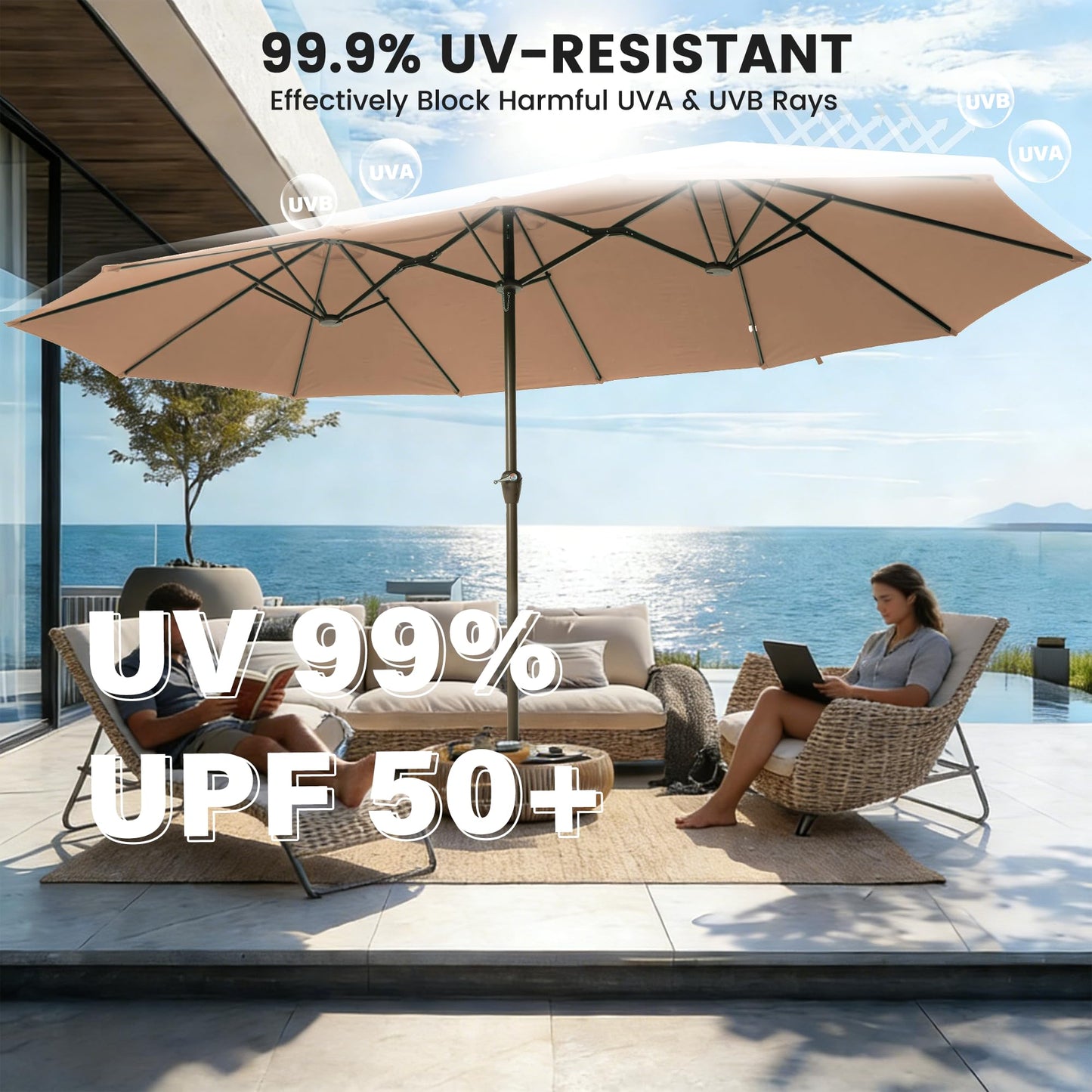 Ayge 15FT Patio Umbrella with Base,Large Outdoor Double-Sided Rectangle Umbrella with Crank Handle, Market Umbrella for Poolside Garden Deck Backyard Beach Pools,Beige
