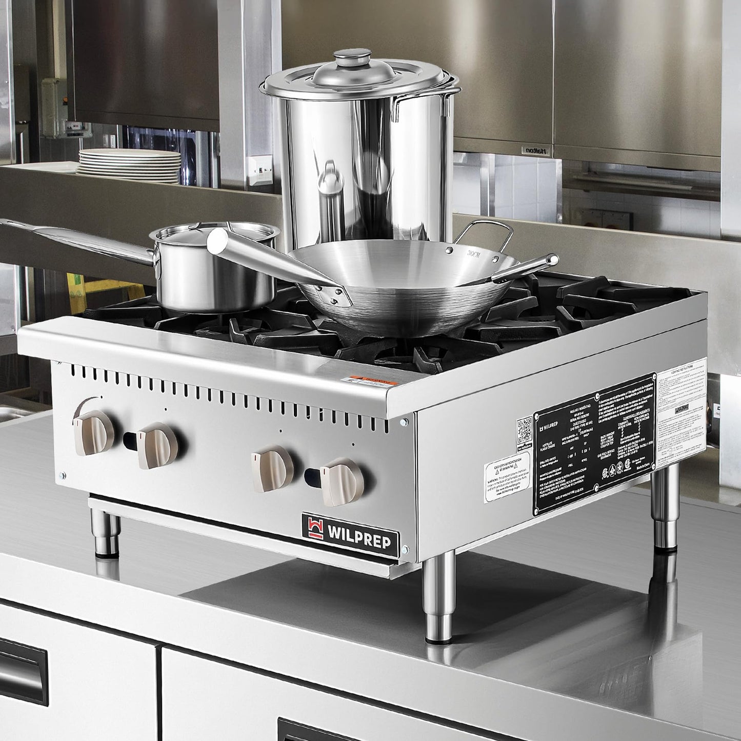 WILPREP Commercial Countertop Gas Range, 4 Burner 100,000 BTU Stainless Steel Gas Cooktop, 24" NG/LPG Convertible with Durable Grates, Perfect for Professional Restaurant Kitchen & Catering