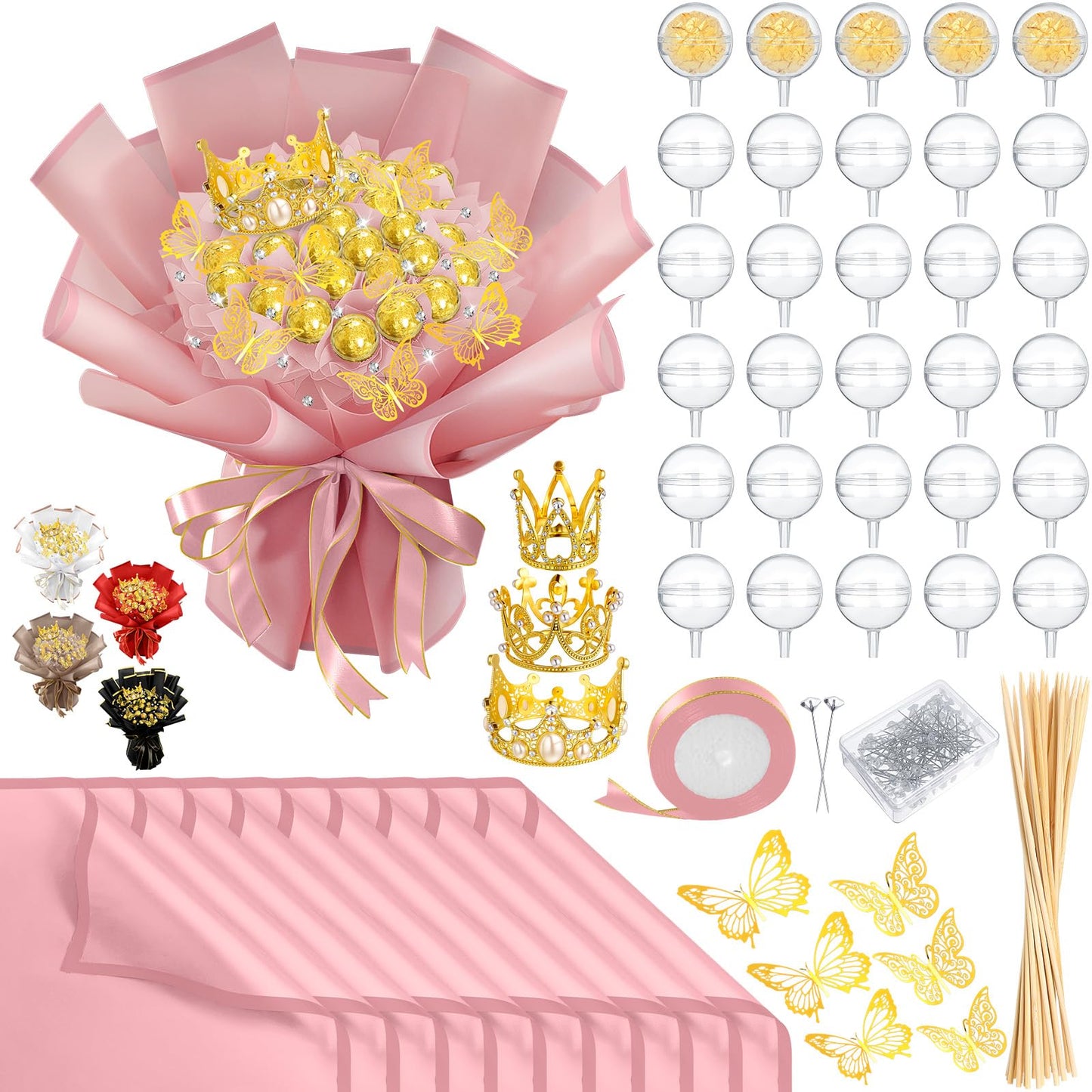 Funnymoom 109 Graduation DIY Chocolate Flower Bouquet Kit 2026 Candy Rose Clear Acrylic Lollipop Ball Holder Floral Wrapping Paper 3D Gold Butterfly Crown Ribbon Grad Gift(Pink)