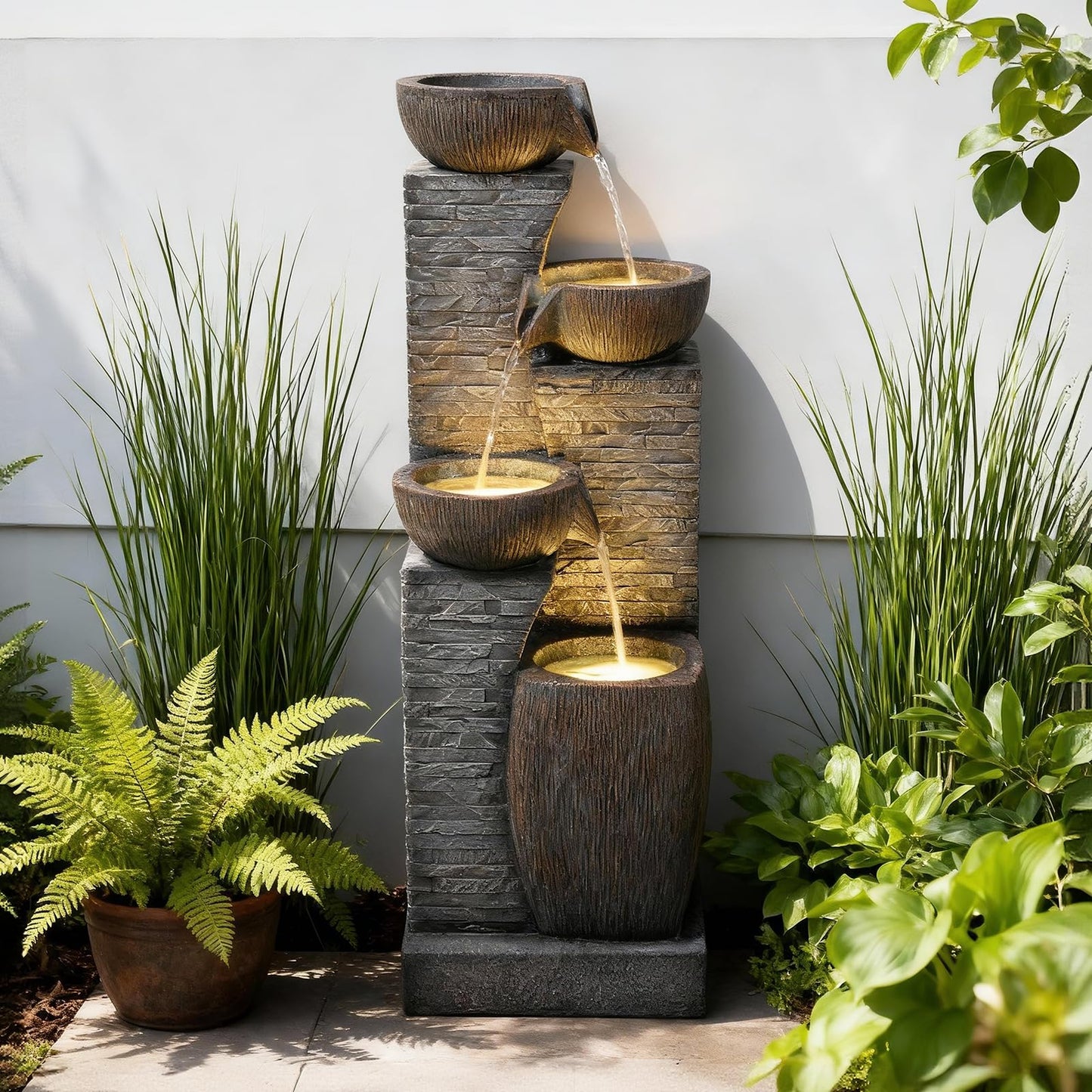 KAISOKU 38.2" Tall Outdoor Water Fountain,Stone Texture Modern 4 Tiers Cascading Bowls Garden Fountains Outdoor,Suit for Patio, Deck, Porch, Lawns, Backyard and Home Art Decor