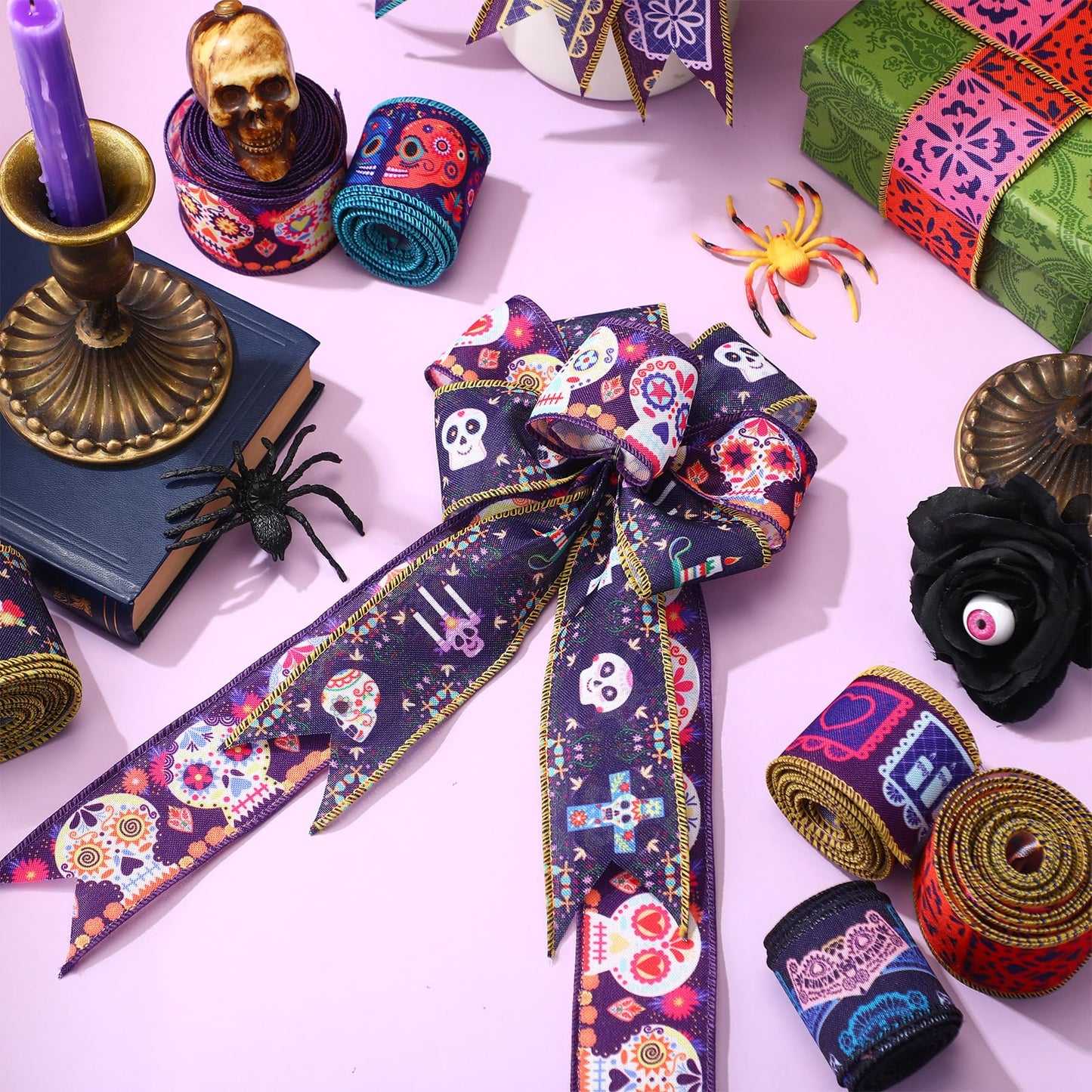 6 Rolls 30 Yards Days of The Dead Ribbons 2'' Mexican Dia De Los Meurtos Ribbon Wired Edge Sugar Skull Papel Picado Skeleton for Wreath Bows DIY Craft Gift Wrapping Halloween Mexican Party Supplies