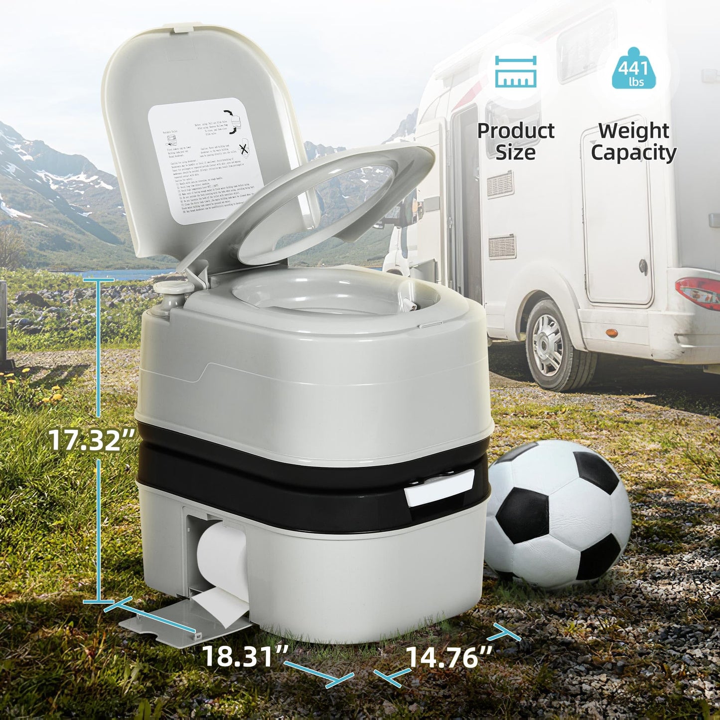 YITAMOTOR Portable Toilet Camping Porta Potty with Paper Collection 6.34 Gallon, Indoor Outdoor RV Toilet with Handle Pump, Leak-Proof OutdoorToilet for RV Travel, Boat, Trips, Grey
