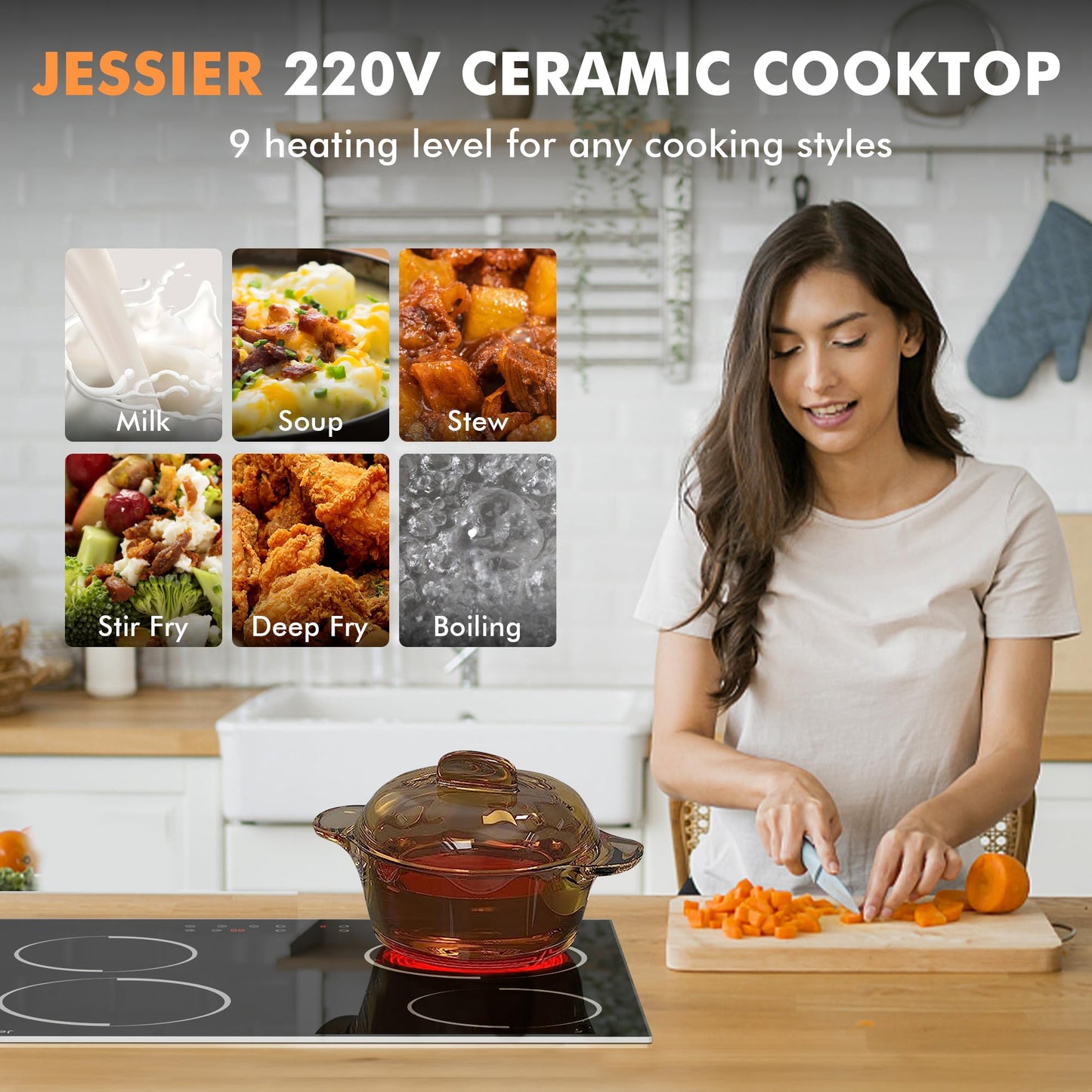 Jessier Electric Cooktop 24 Inch - 4 Burner Drop-in(22.05"x19.3") Electric Ceramic Cooktop, Electric Stove Top with Glass Protection Metal Frame, 9 Heating Level, 6000W, 220V Hard Wire(No Plug)