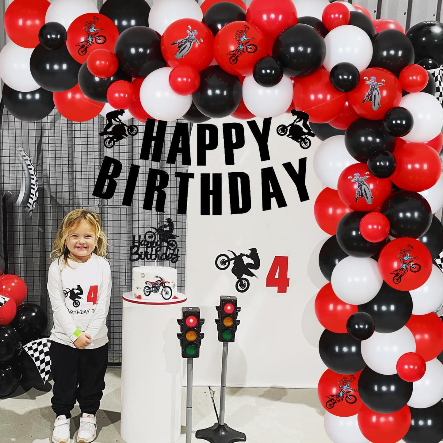 JOYMEMO Dirt Bike Birthday Decorations for Boys - Red Black Balloon Garland Arch Kit with Happy Birthday Banner Cake Topper, Motorcycle Cupcake Toppers for Motocross Theme Party Supplies