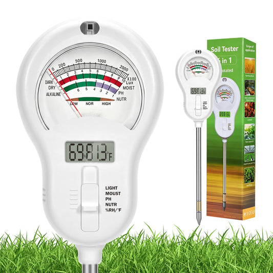 6-in-one Soil Test Kit-Soil Moisture Meter/PH Meter/Fertility/Sunlight Intensity Soil Tester, LCD Air Hygrometer&Temperature Moisture Meter for Plants-Garden, Lawn,Farm,1 Pack Detachable Probe