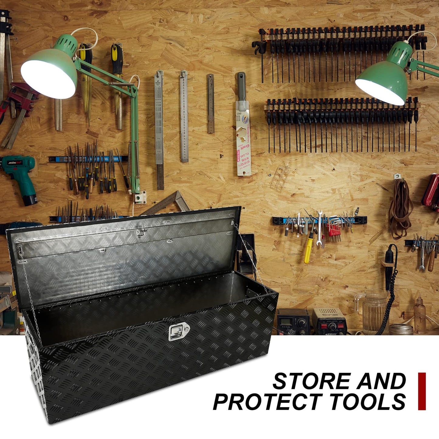 confote 49" Heavy Duty Aluminum Stripes Plated Tool Box Pick Up Truck Bed RV Trailer Toolbox Waterproof Square Storage Organizer with Side Handle, Lock with Keys -49"x 15"x 15"，Black