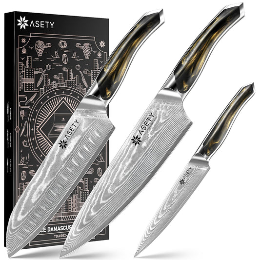 ASETY Damascus Knife Set 3 PCS: Ultra-Sharp Professional Chef Knife Set, Japanese Kitchen Knives with VG10 Steel Core, Full Tang Resin Handle, Elegant Box for Men Women