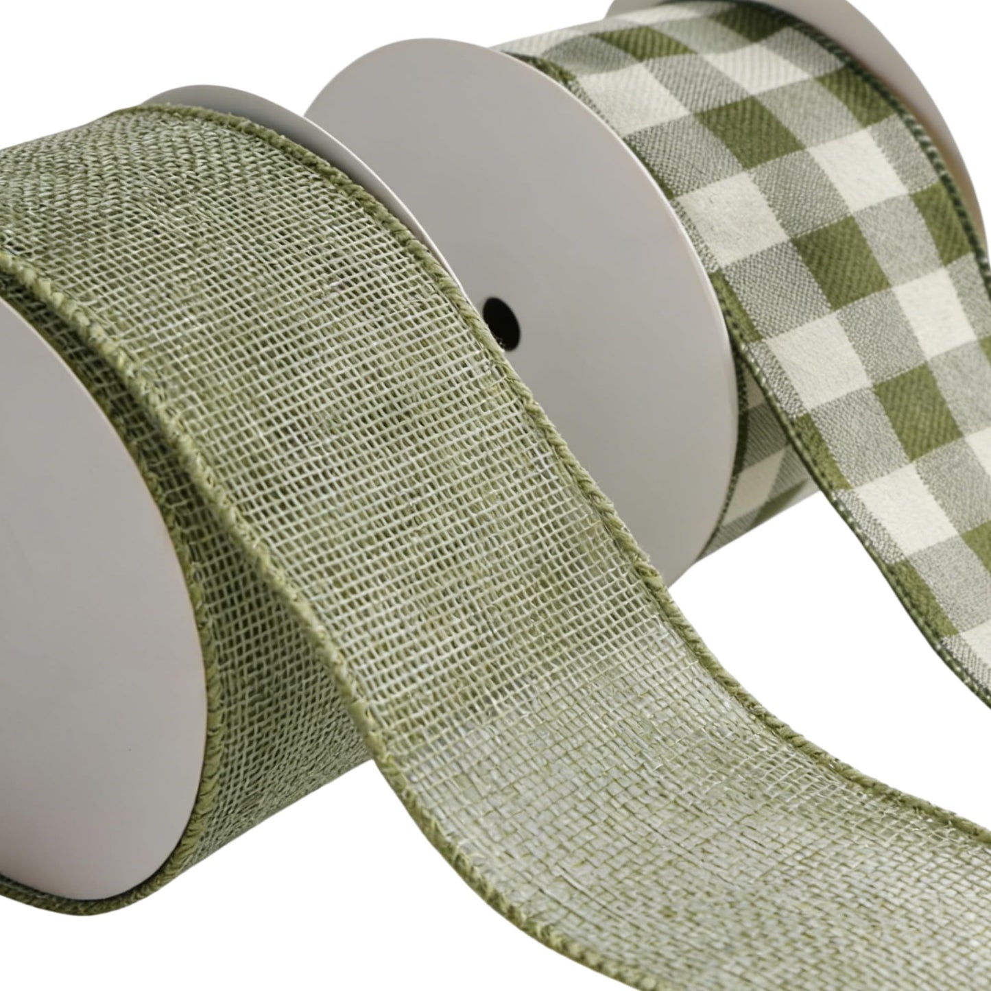 Meseey 2.5 Inch Green Burlap Wired Ribbon Set, 2 Rolls Total 10 Yards Solid Sage Green & Green White Buffalo Check Wired Edge Ribbons for Gift Wrapping, Wreaths, Crafts, Farmhouse Home Decorations