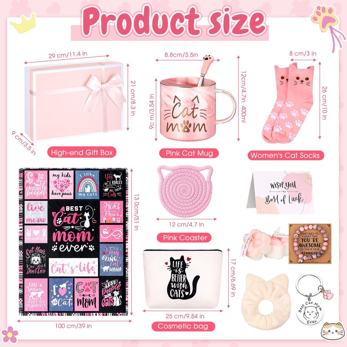 Didaey 12 Pcs Mother's Day Cat Lover Gifts for Mom Women Cute Blanket Socks Coffee Mug Cosmetic Bag Keychain Bracelet Cards Scrunchie Cats Themed Gift Set for Birthday Mom Ideas