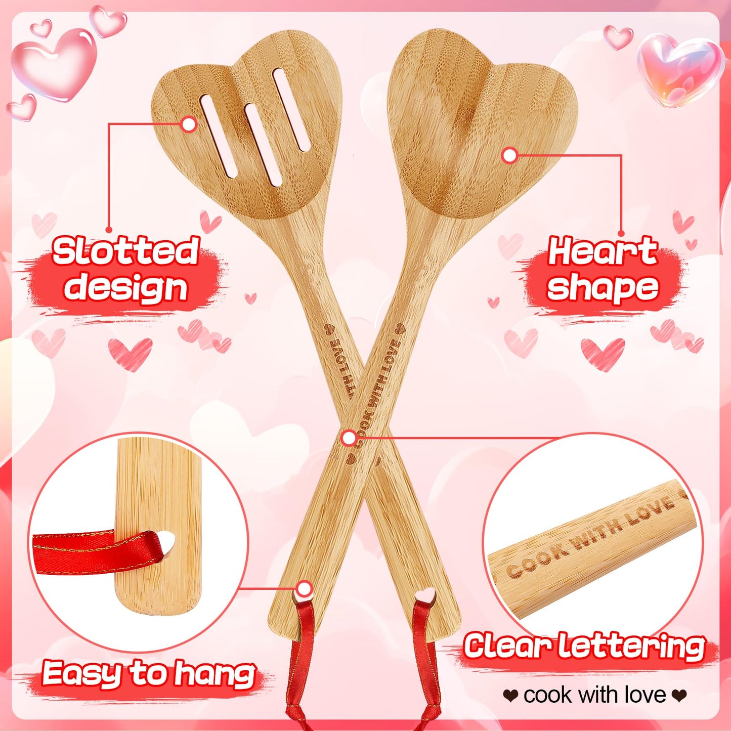 Bamboo Heart Shaped Spoon for Cooking - Wooden Cook with Love Spoon Kitchen Utensils, Mother's Day Gifts for Grandma Mom Couple Wife Hostesses House Warming, 2Pcs