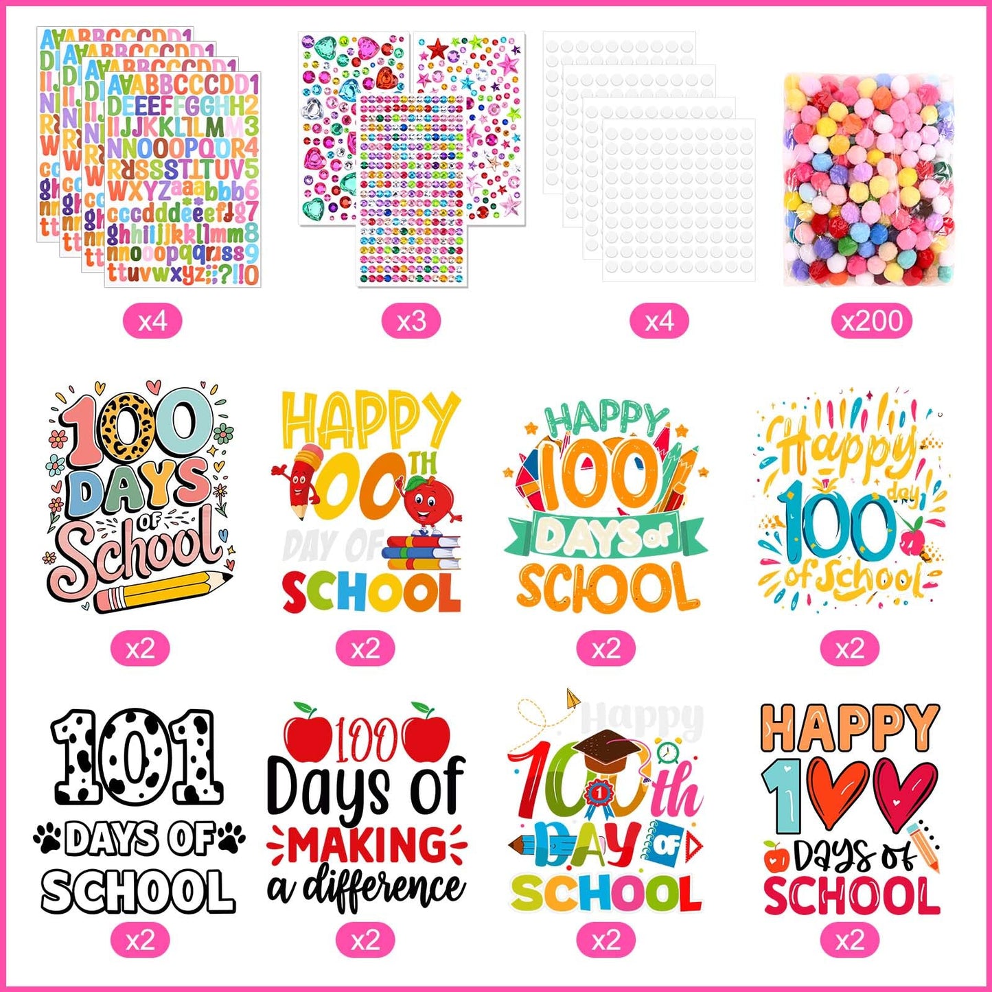 16 Sets 100 Days of School Craft Kit Iron on Transfers Stickers DIY Iron on Heat Transfer Decals with Pom Pom Ball Dot Stickers Gems Number Stickers for Clothing Shirt Bag Classroom Appliques Craft