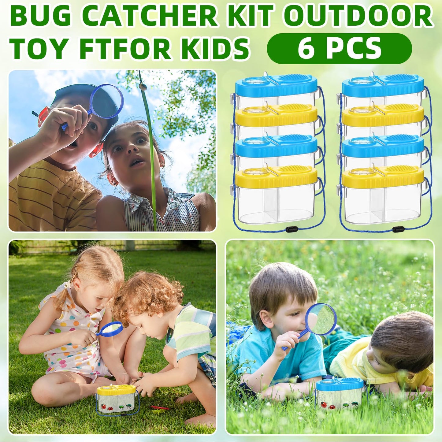 6 Pack Bug Catcher Kit for Kids Bulk Insect Habitat Viewer with Magnifying Glass Vents Portable Bug Collection Cage with Lanyard Nature Outdoor Explorer Set for Boys Girls Birthday Gift(Yellow，Blue)