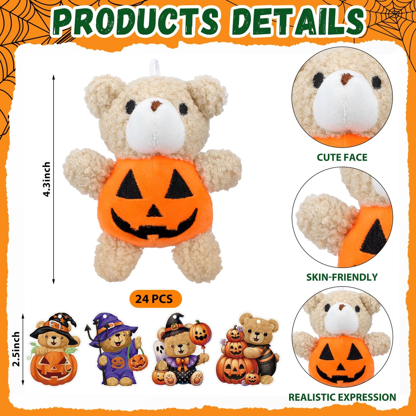 Hiboom 24 Set Halloween Mini Plush Stuffed Bear Gift Set 4 Inch Animal Bear in Pumpkin Soft Doll Classroom Exchange Keychain Gifts for Halloween Birthday Party Favors