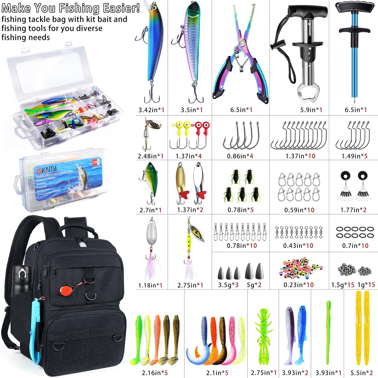 SKAITU Fishing Backpack with Tackle Boxes and Rod Holder, 24L Fishing Sling Bag with Fishing Lures Kit, Fishing Gear Bag Gifts for Men Women - Black Backpack