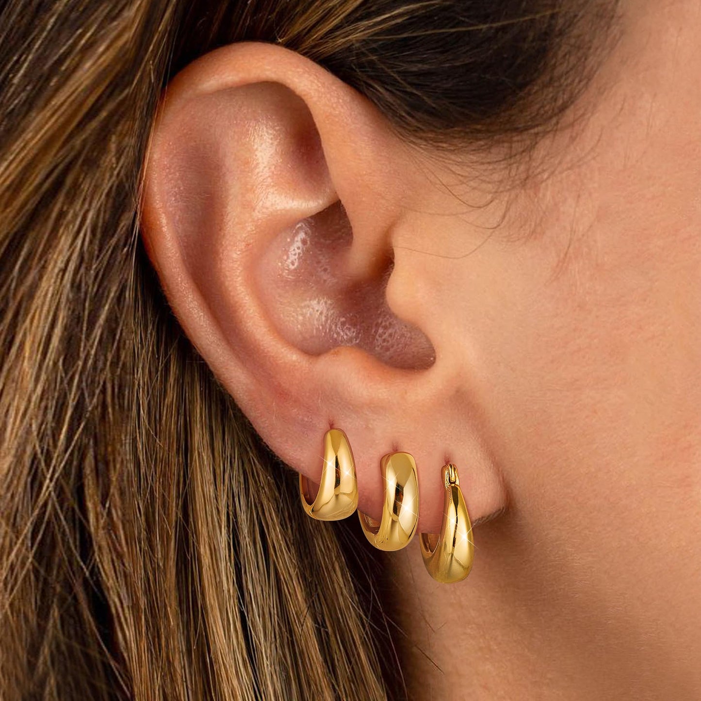 MILACOLATO 3Pairs 14K Gold Filled Hoop Earrings Set for Women Trendy Sterling Silver Post Small Chunky Hoop Earring Hypoallergenic Thick Huggie Hoop Earrings Stacks for Multiple Piercing Lightweight-B