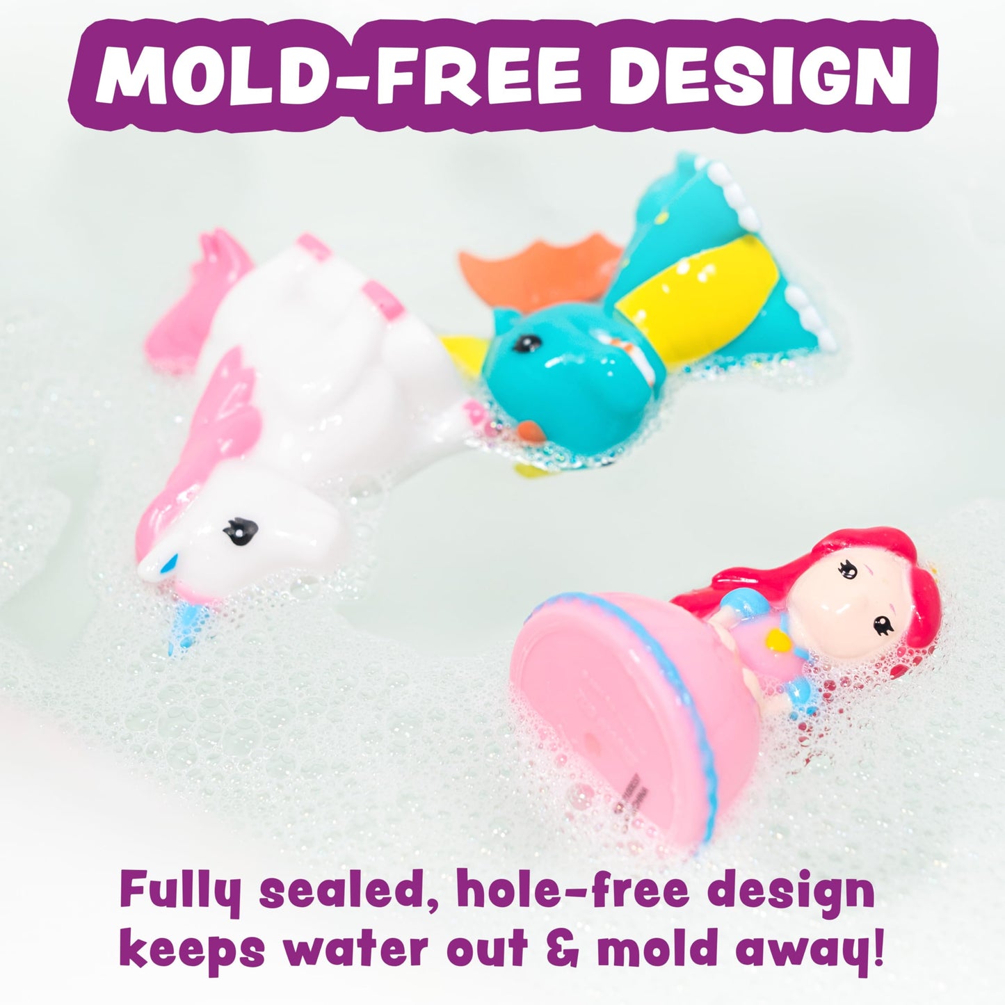 Tub Works® Fantasy Watertight Bath Toys, 6 Pack | Sealed, No Hole Bath Toys Design Keeps Moisture Out | Soft, Squeezable & Float on Water | Baby & Toddler Bathtub Toy | Unicorn Baby Girl Bathtub Toy