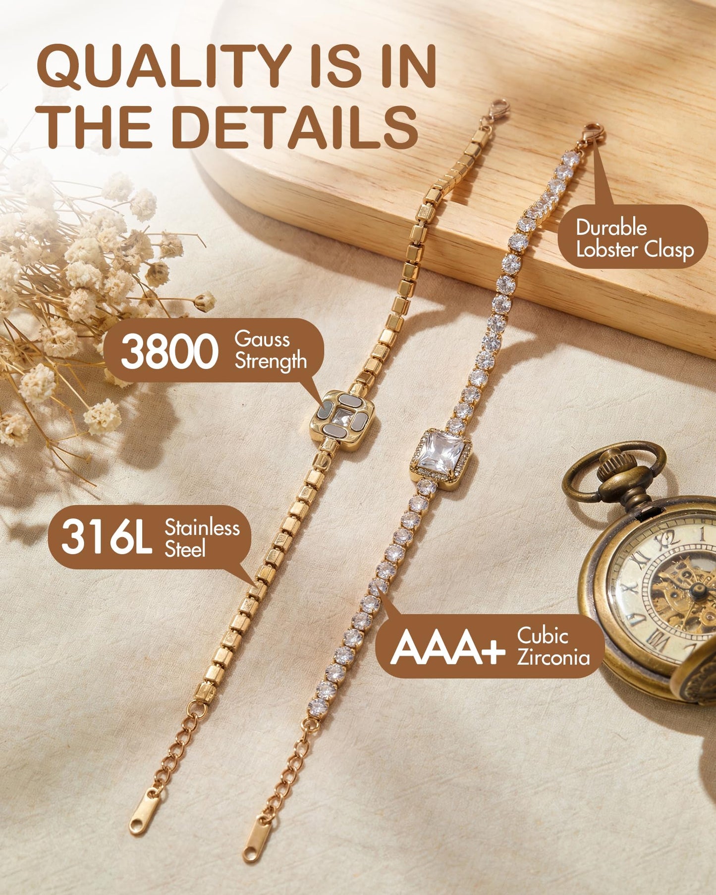 Feraco Magnetic Bracelets for Women, 18K Gold Plated Stainless Steel Dainty Tennis Bracelet with 4PCS 3800 Gauss Neodymium Magnets & AAA+ Cubic Zirconia, Lobster Claw