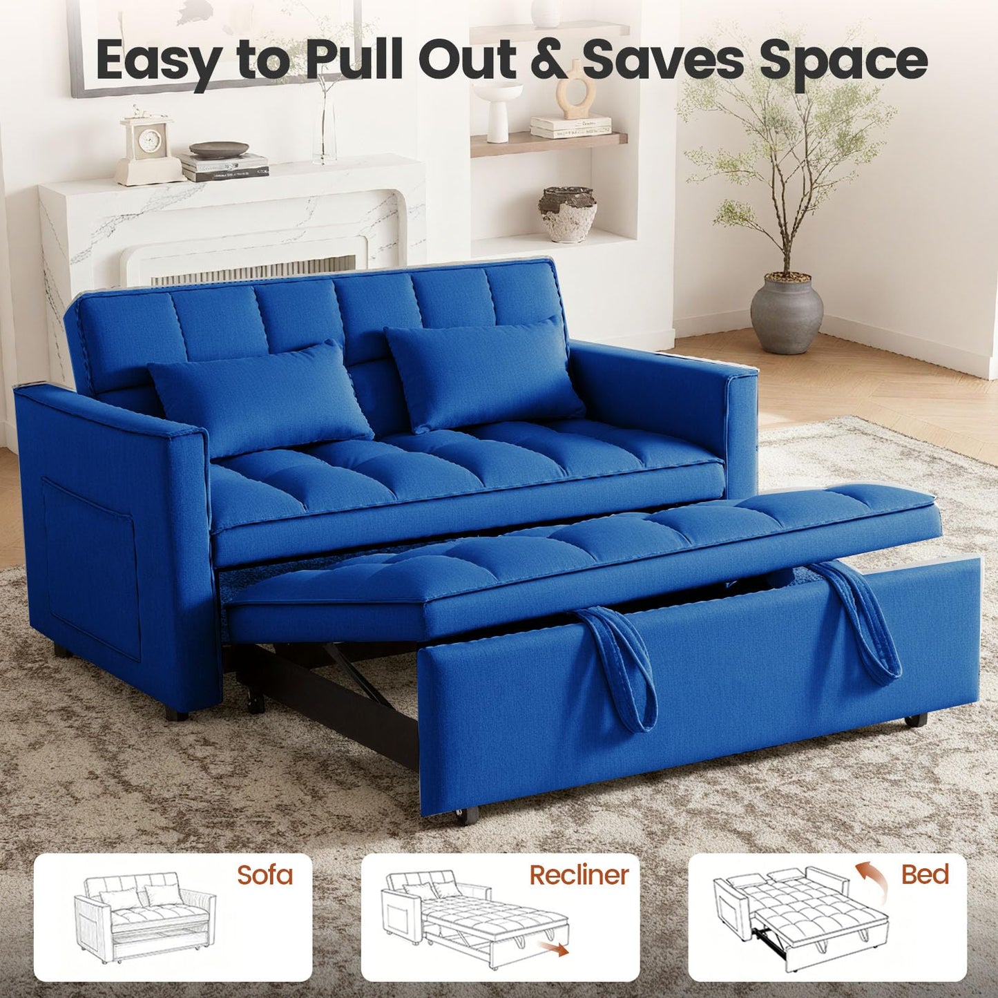 Trygoal Convertible Sofa Bed, Pull Out Couch with Side Pockets, 3 in 1 Velvet Fabric Loveseat Sleeper Sofa Bed, Pull Out Couch with Adjustable Backrest for Living Room, Bedroom, Apartment, Blue