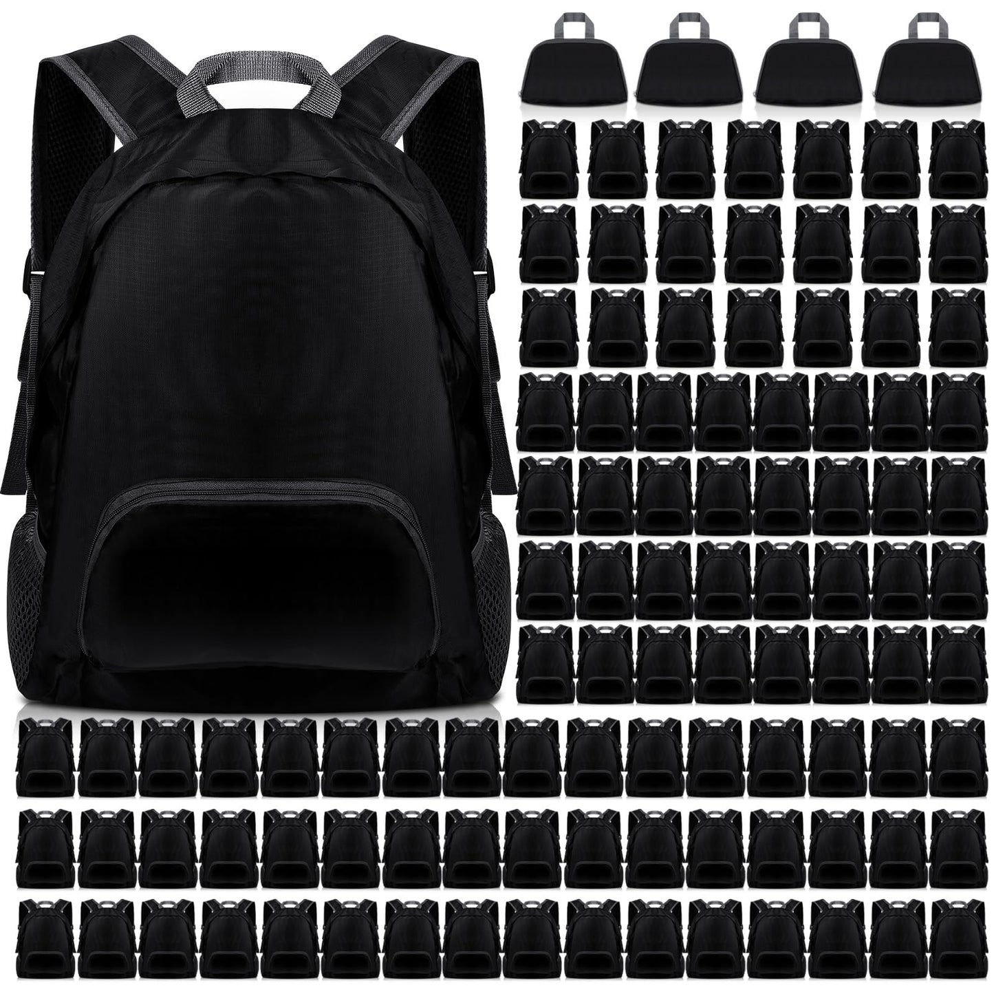 Dunzy 100 Pcs 20l Foldable Backpacks Bulk Lightweight Basic Back Pack Wholesale for Homeless Donation Corporate Events Travel Camping (Black)