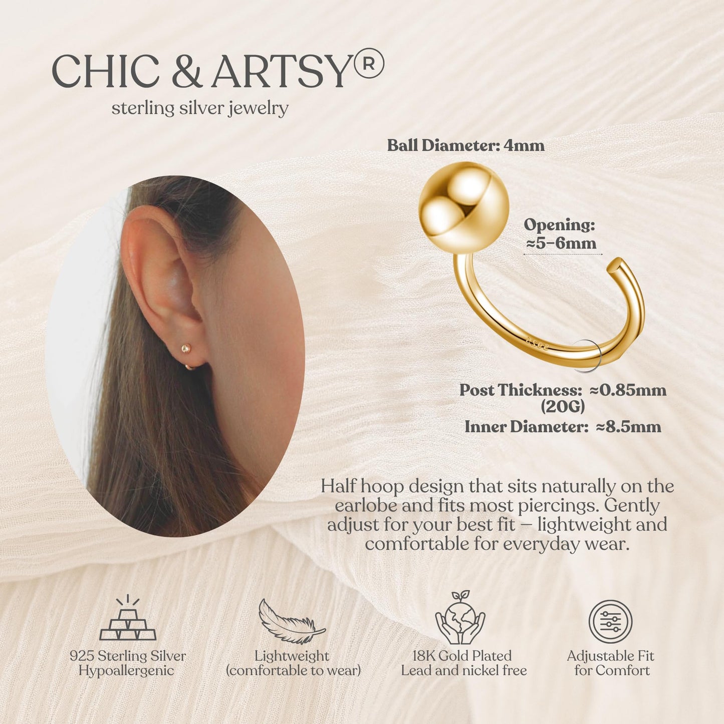CHIC & ARTSY 4mm Half Hoop Earrings 18K Gold Plated 925 Sterling Silver Ball Huggies Hoop Earrings for Women Little Ball huggie Hoops Earrings