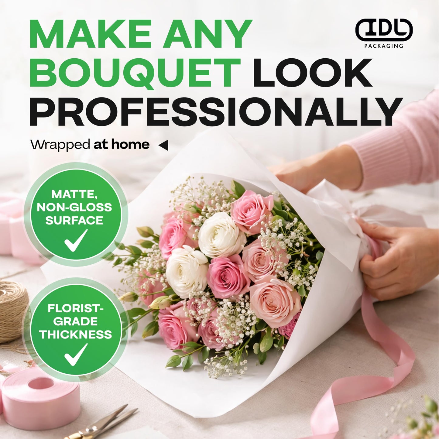 White Flower Wrapping Paper, 18"x1200" (100 feet) - USA-Made Premium 50lb Thick Bouquet Wrapping Paper - Elegant Flower Wrap Roll for Weddings, Ceremonies & Special Events by IDL Packaging