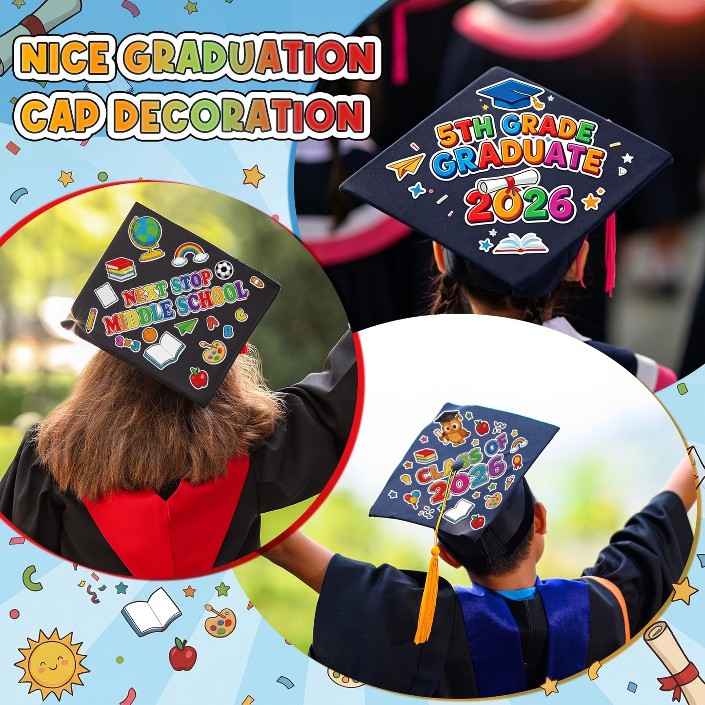 Sabary 24 Pcs 5th Grade Graduation Cap Stickers Kit 2026 Graduation Cap Topper Craft DIY Graduations Hat Decorations Stickers for Kids Classroom Crafts Activities Party Supplies