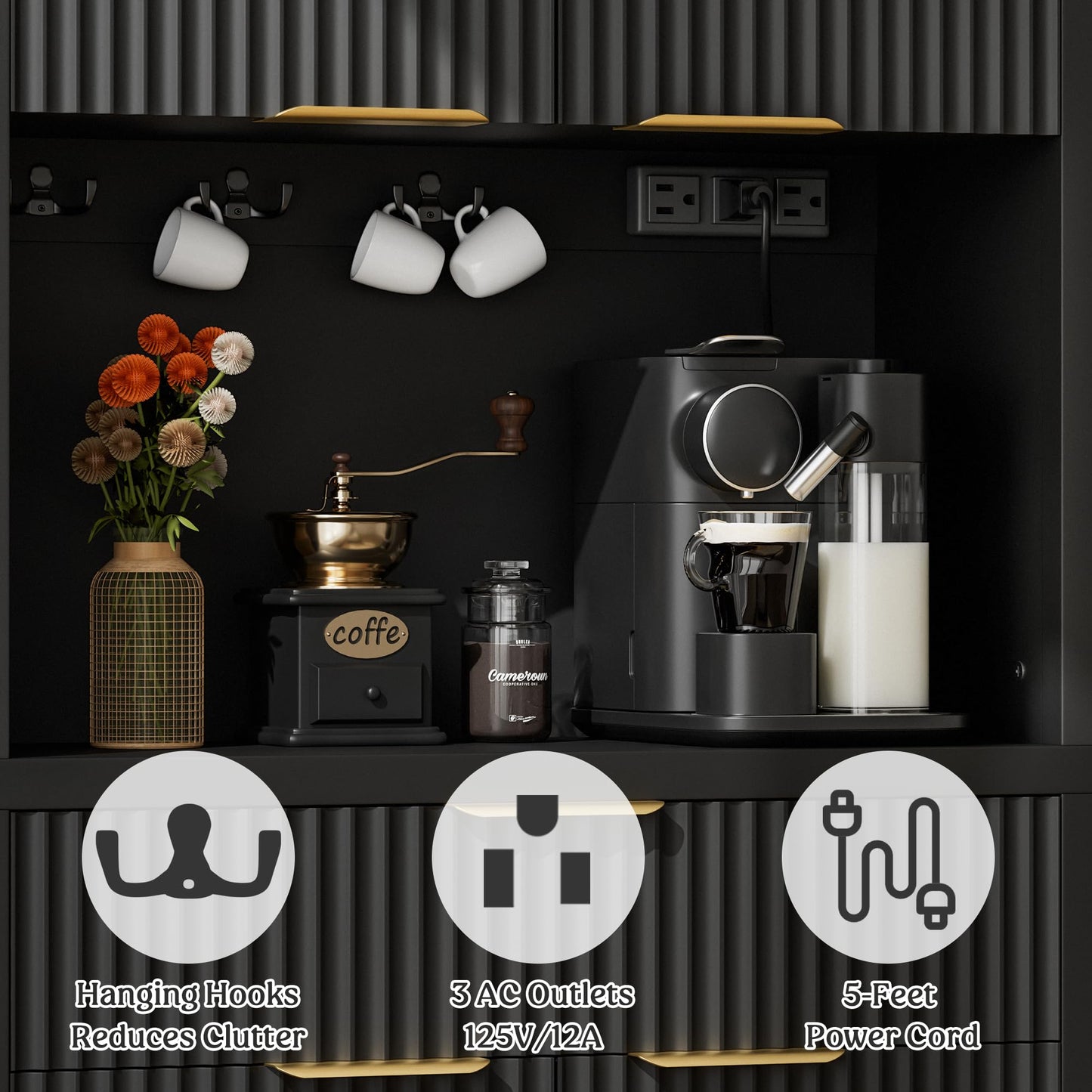 Lulive 71" Fluted Pantry Cabinet with Charging Station & Adjustable Shelves, Spacious Kitchen Storage Cabinet with Open Countertop & Drawer for Dining Room, Living Room, Black