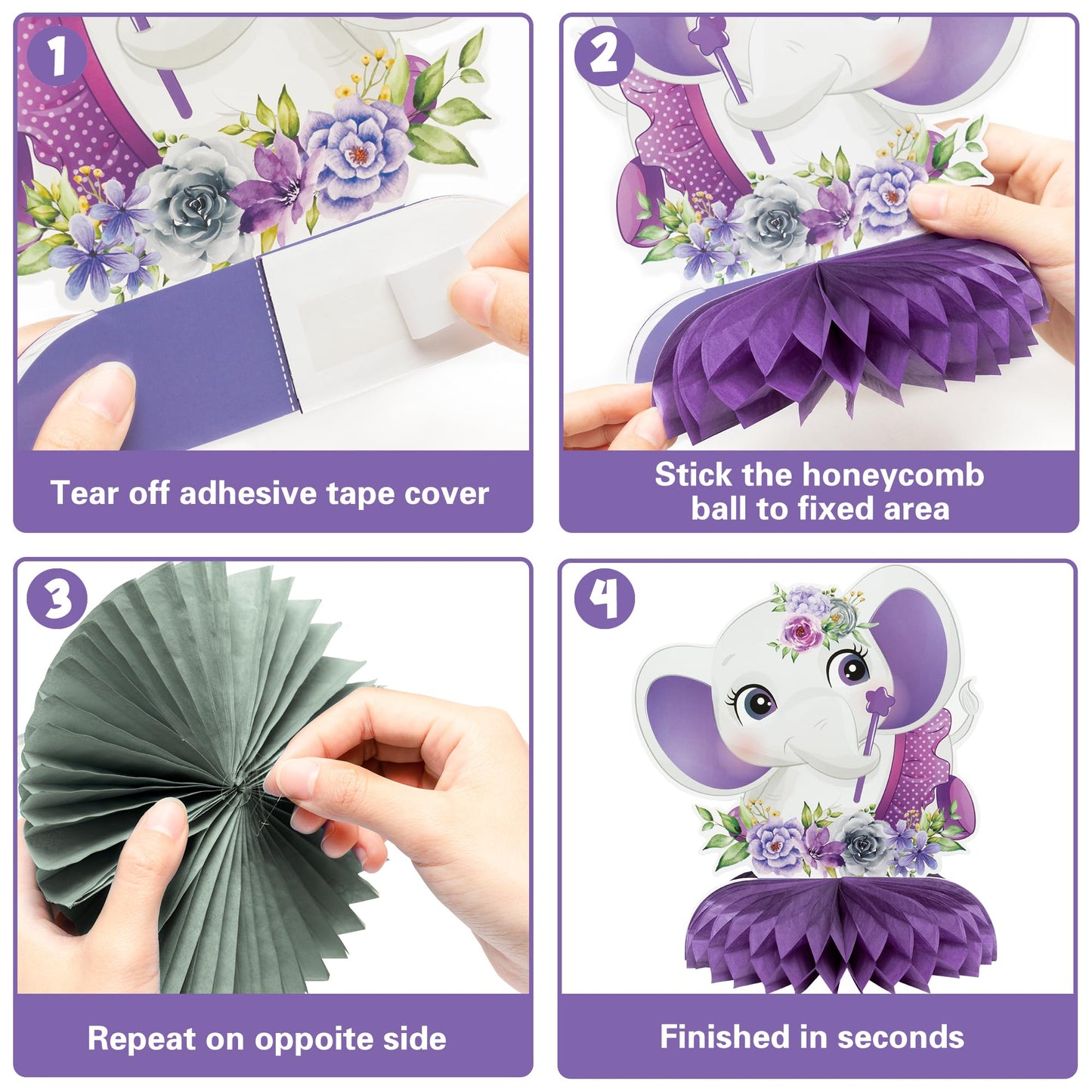 12 Pcs Purple Floral Elephant Honeycomb Centerpieces - Girl Baby Shower Party Table Decorations - Welcome Baby Party Table Toppers - Photo Props Decor