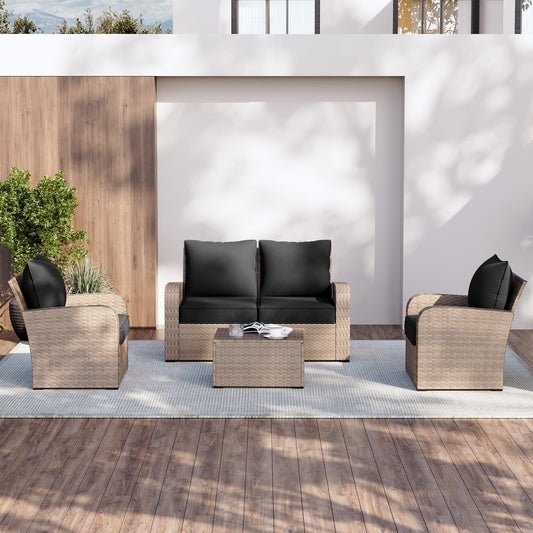Aoxun Replacement Cushions for Outdoor Furniture, 4-Piece Outdoor Cushions for Patio Furniture, Deep Seat, Waterproof & Fade Resistant Couch Cushion for 4-Seat Patio Conversation Sets, Black