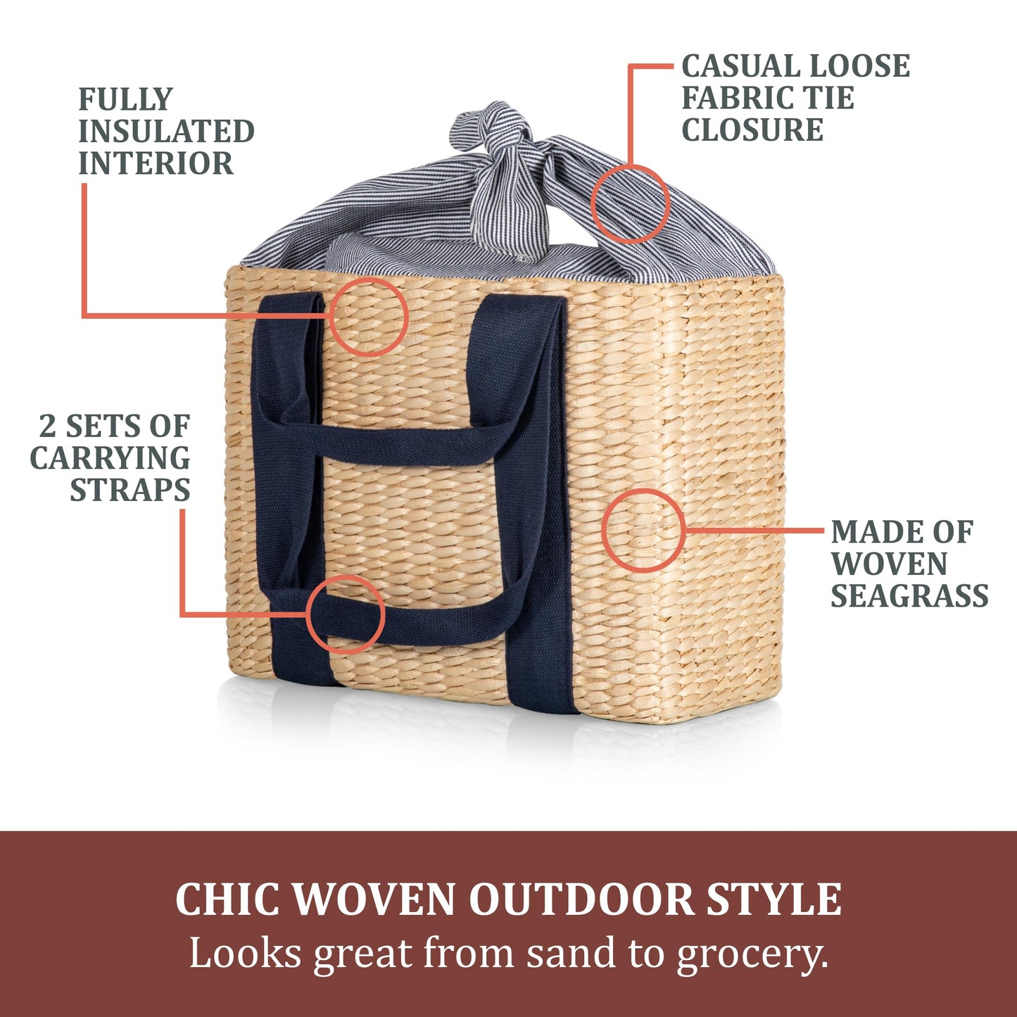 Picnic TIME Parisian Picnic Basket, Insulated Seagrass Picnic Basket, Waterproof, Stylish, Perfect for Picnics, Beach, Office Lunches, Dinner Parties, and Gifts (Beige with Navy Blue Accents)