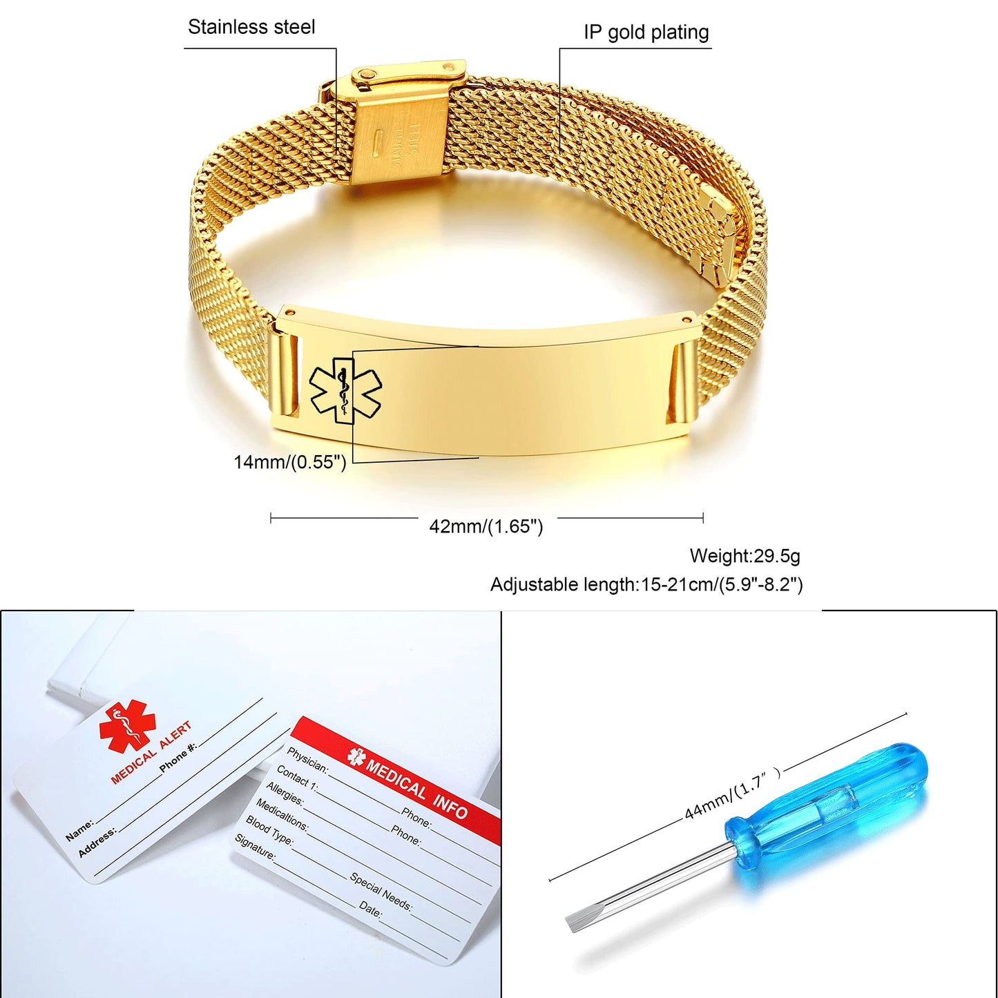 VNOX Medical Alert Bracelets for Men & Women with Custom Engraving Adjustable Stainless Steel Mesh Emergency Medical ID Bracelets Wristband,Gold Plated
