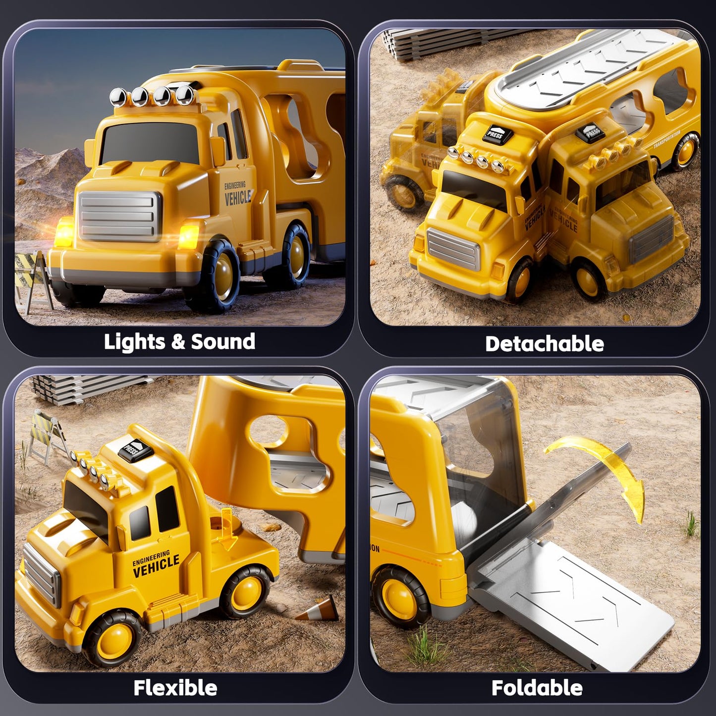 KIZONLY Construction Trucks Toys for 2 3 4 5 Years Old Boys - 5-in-1 Carrier Transport Vehicle Truck for Toddlers 2-4 Years with Crane, Mixer, Pushdozer and Excavator, Car Toys Birthdays Gift