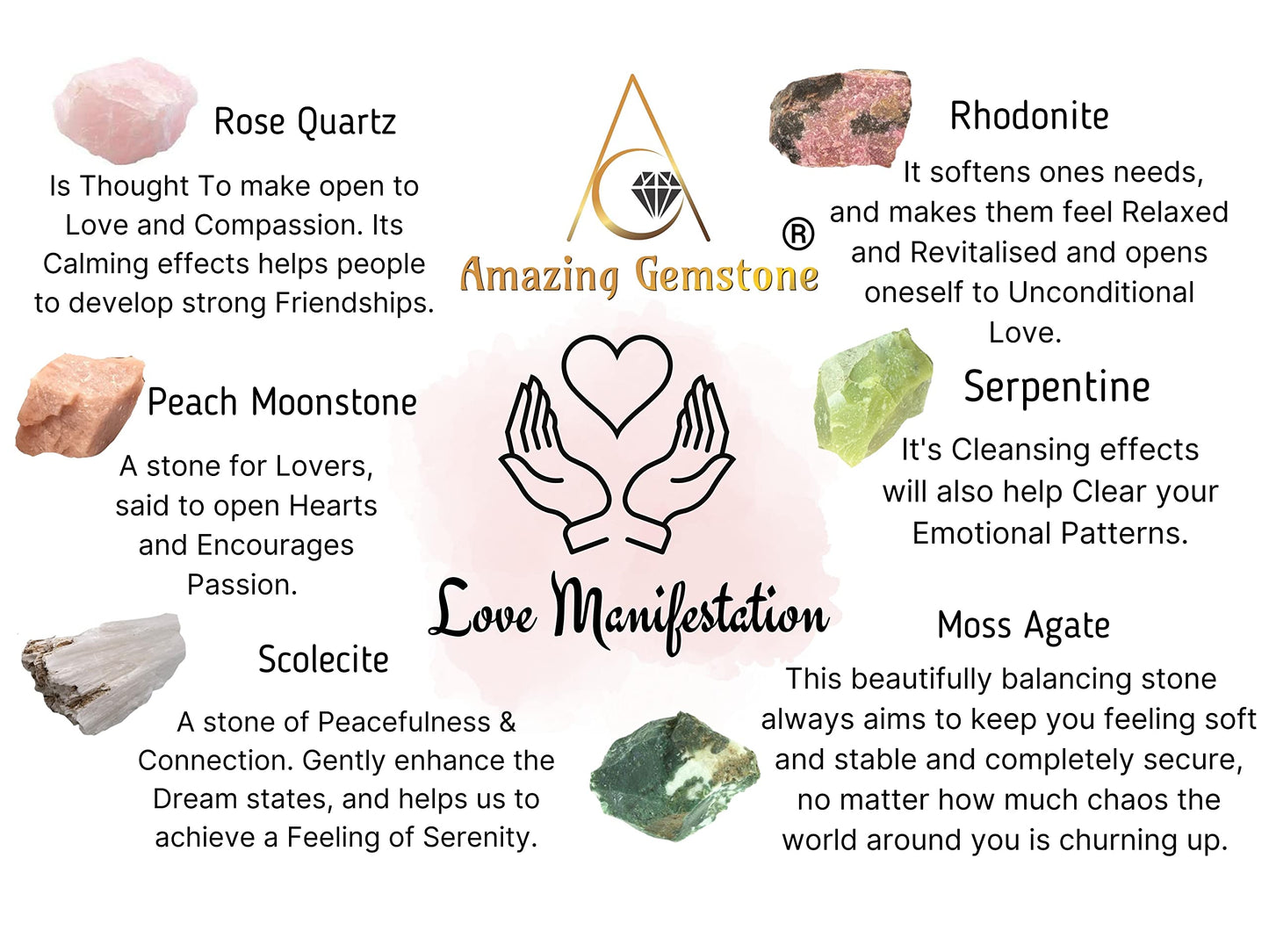 Amazing Gemstone Crystals for Love Manifestation, Set of 6 Rose Quartz, Rhodonite, Peach Moonstone, Serpentine, Scolecite and Moss Agate Healing Crystals and Stones