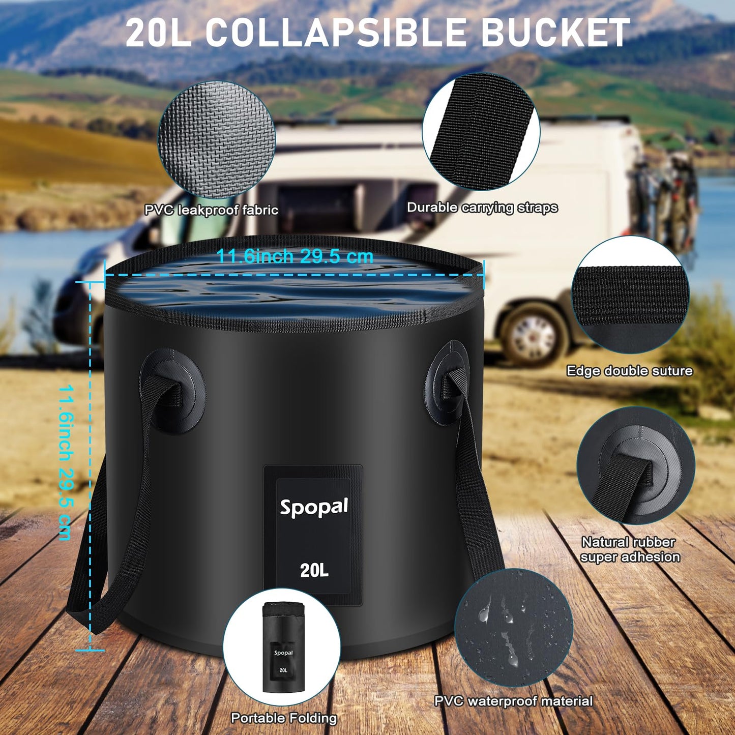 Portable Shower for Camping, Spopal Rechargeable Camping Shower with Collapsible Bucket with Handle 20L Intelligent LED Display, 4 Spray Modes, Outdoor Shower Kit for Hiking, Travel, Car, Pet 【Black】