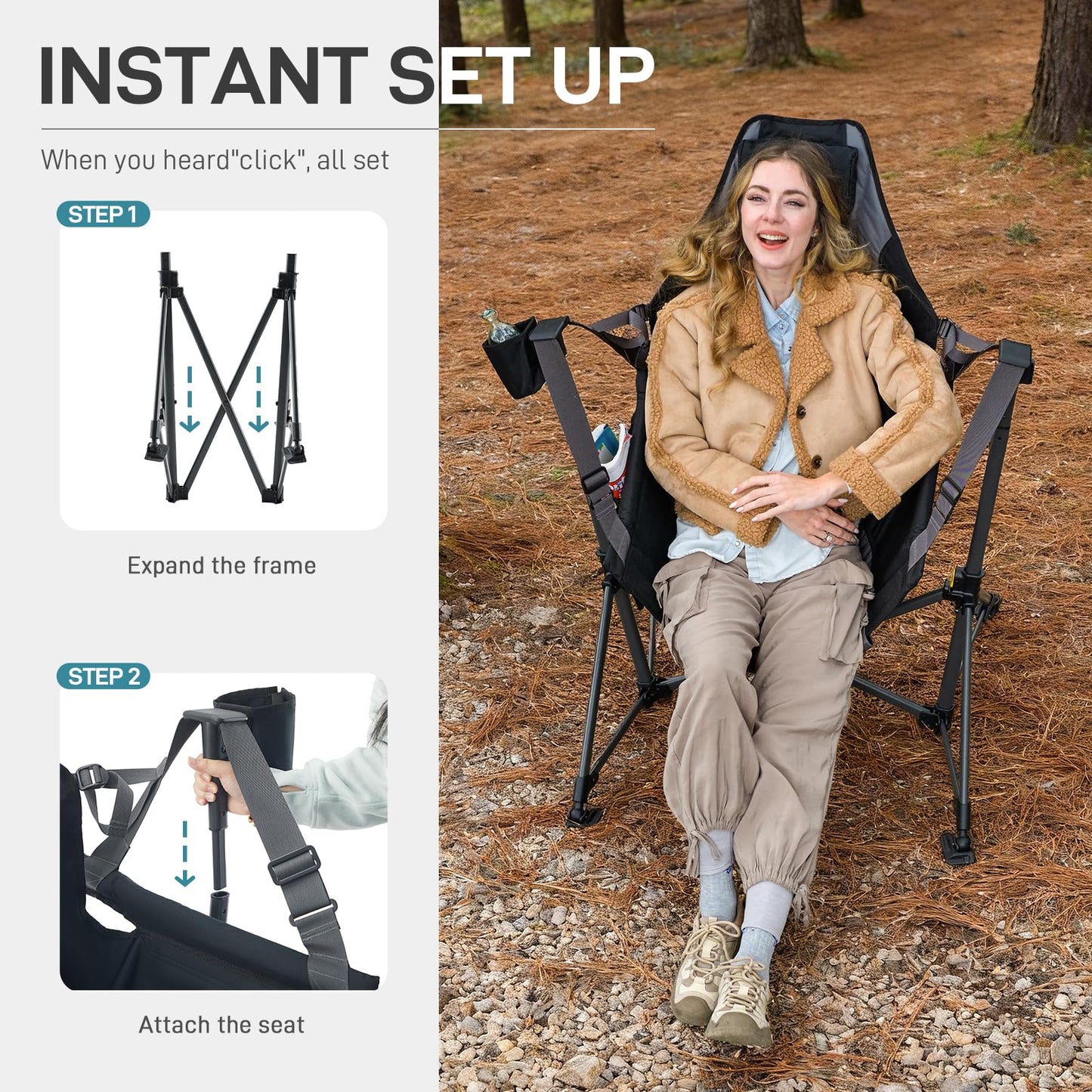 EVER ADVANCED Padded Oversized Hammock Camping Chair, Compact Heavy Duty Swing Chair with Multi-Storage Pockets, Portable Folding Rocking Camping Chair, Support Up to 400lbs, Black