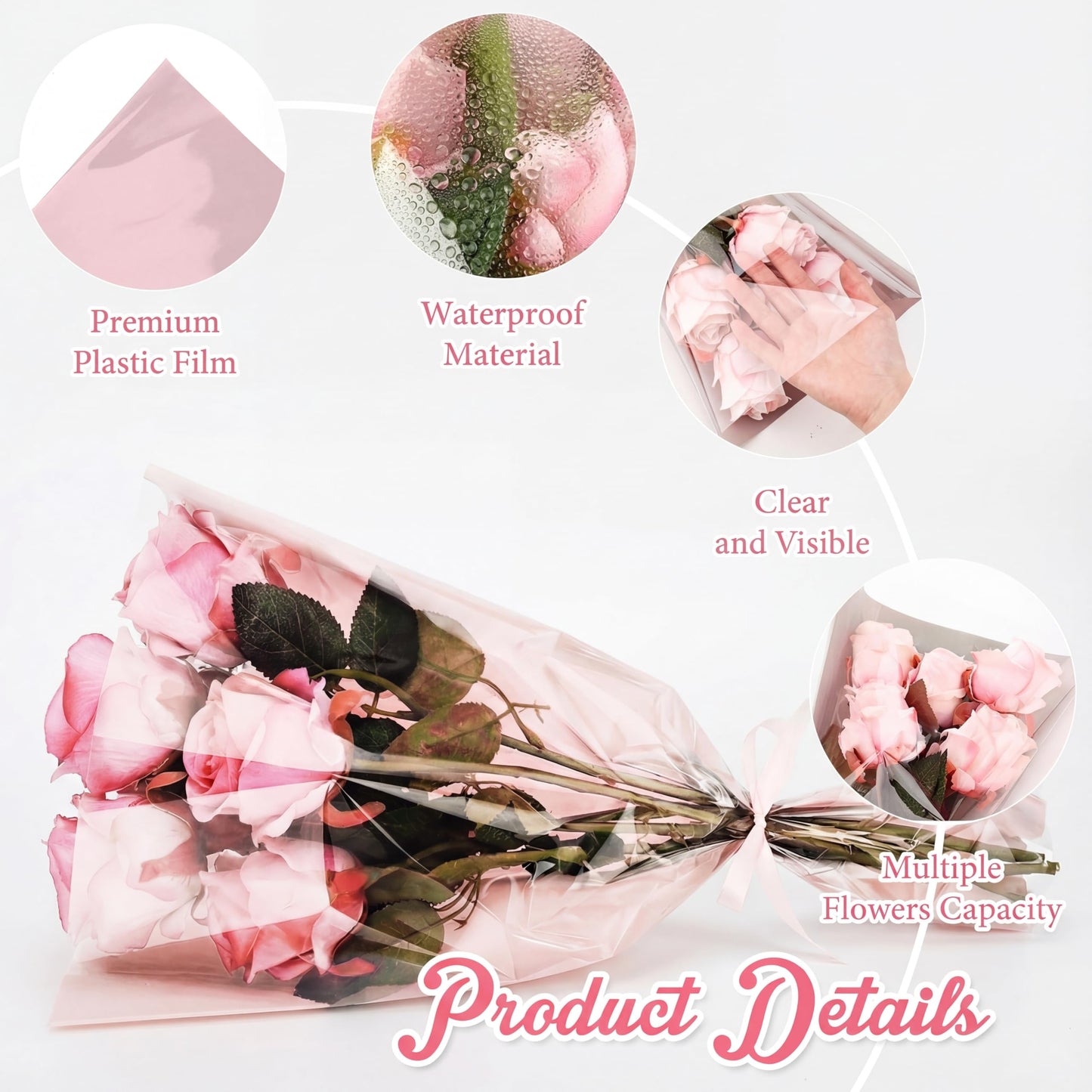 Jaloro 200 Pcs Pink Flower Bags for Bouquets 17.7 x 11 Inch Mother's Day Large Plastic Flower Sleeves Bulk with Ribbon Florist Supplies for Wedding, Birthday, Spring Graduation Gift Wrapping
