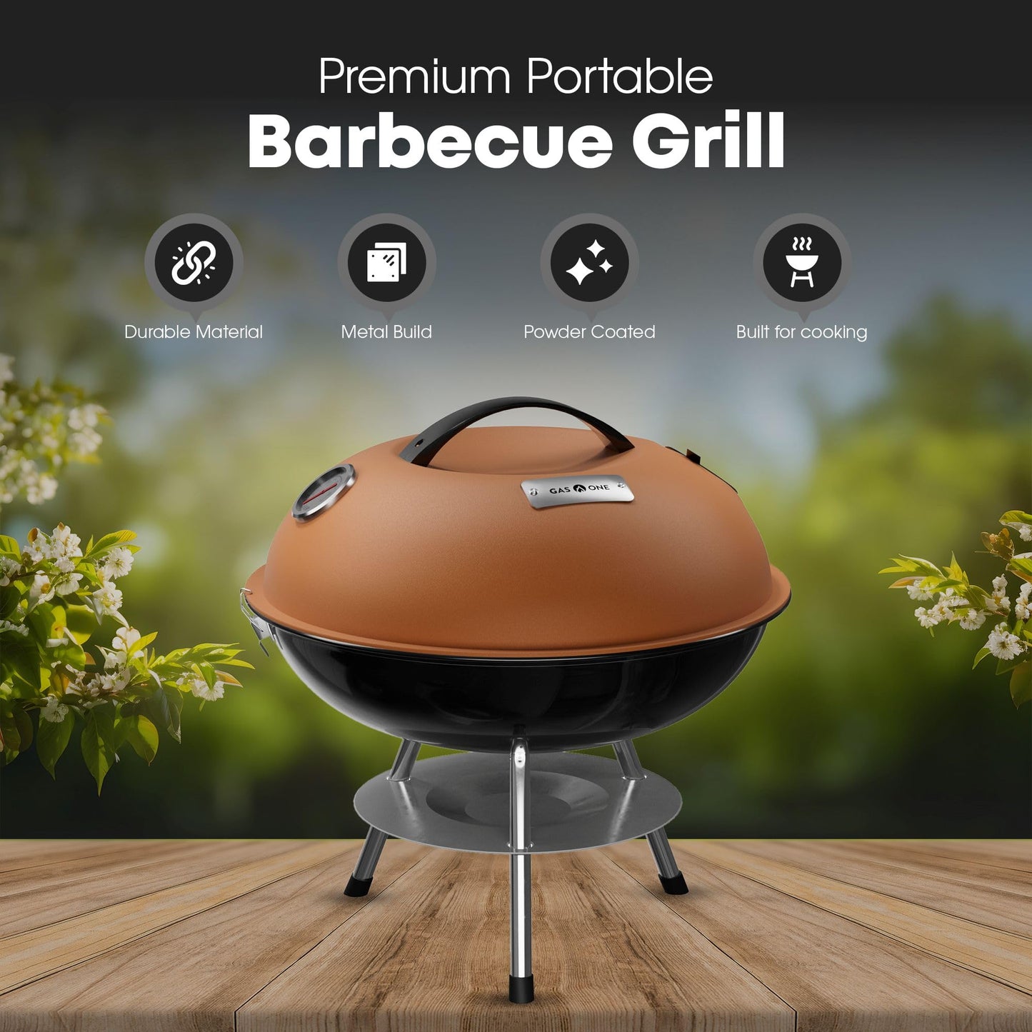 GasOne – 14-inch Portable Barbecue Grill with Thermometer - 3-Point Locking Lid for Heat Preservation – Dual Venting System – Small Charcoal Grill for Backyard, Camping, Boat