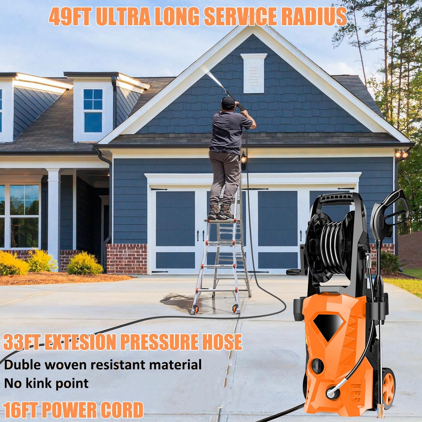 commowner 5000PSI Electric Pressure Washer - 2025 New Power Washer with Upgraded 33ft Pressure Washer Hose Reel, Foam Cannon, 4 Nozzle Set, Power Washer for House/Patios/Car/Fence, Orange