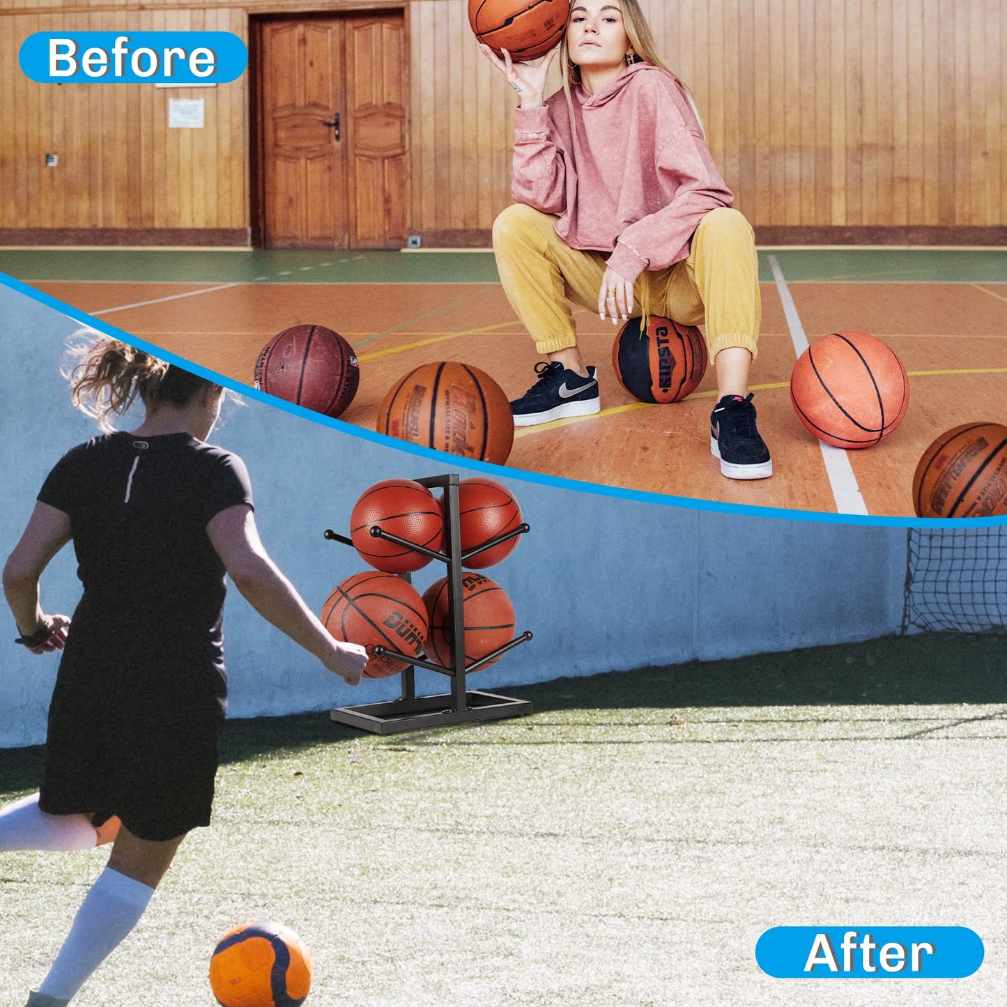 Fitlyiee Basketball Organizers Metal Ball Storage Rack Sports Storage for Indoor Outdoor (Small 2-Layer)