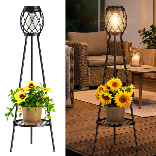 MXwcy Solar Floor Lamp with Plant Stands，Solar Lights Outdoor with Vintage LED Edison Bulbs, Weatherproof Garden Lights for Pathway, Patio, Yard, 8-10 Hours Lighting, IP55 Waterproof