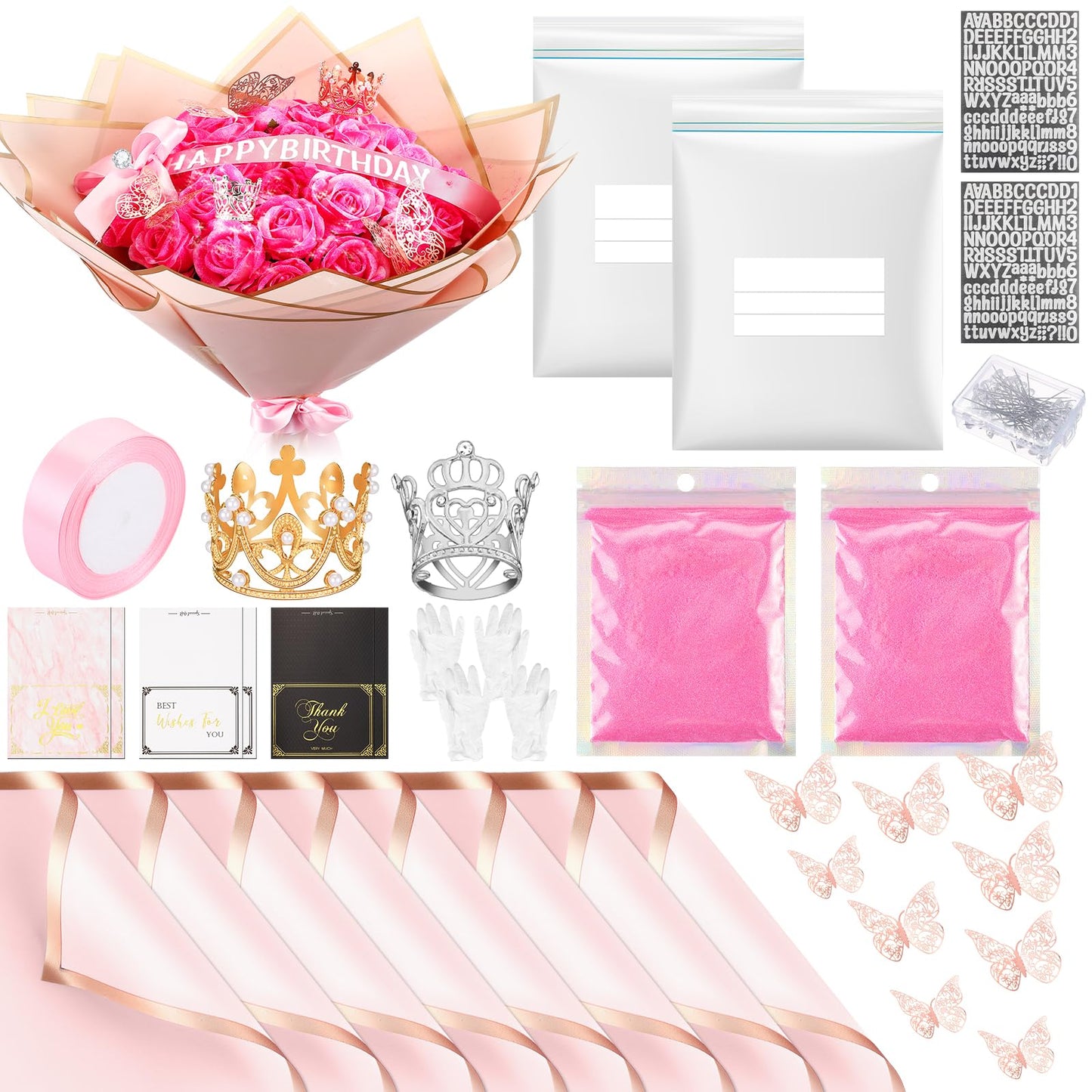 Thiccywoov Valentine Glitter Roses Bouquet (exclude Rose & Glue) DIY Roses with Glitter Powder Flower Wrapping Paper Letter Stickers Bags for Mothers Day Birthday Wedding Graduation Xmas Gifts(Pink)