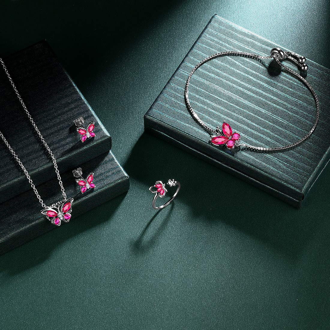 Hipunk Butterfly Red Jewelry Sets Birthstone Women 925 Sterling Silver July-Ruby Birth Stone Animal Butterflies Jewelry Sets/Earring/Ring/Bracelet Set Crystal Birthday Jewelry SS0003R