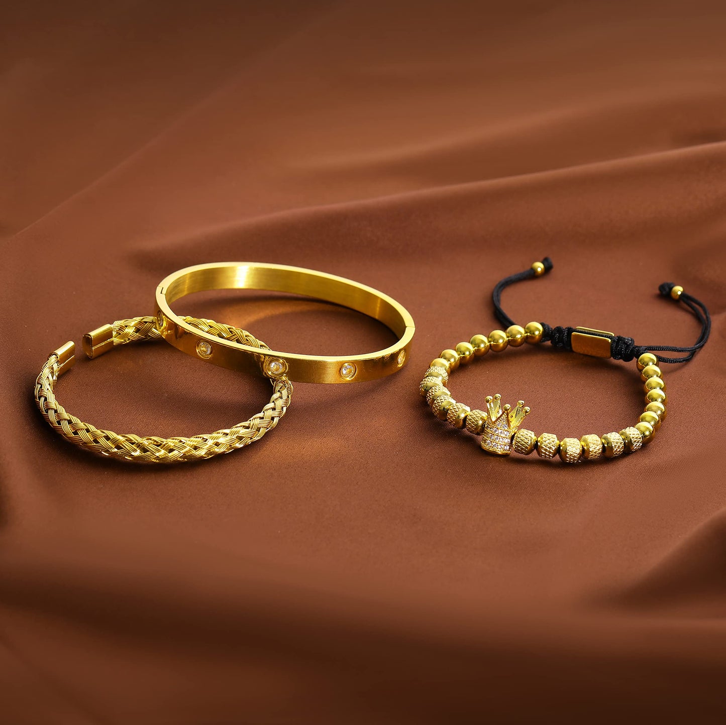 WFYOU 3PCS Stainless Steel Bracelets for Men Gold Roman Numeral Bangle Bracelet Twisted Cable Bracelet Adjustable Cuff Bracelet Mens Luxury Jewelry Bracelets Gifts(CZ Crown Gold)
