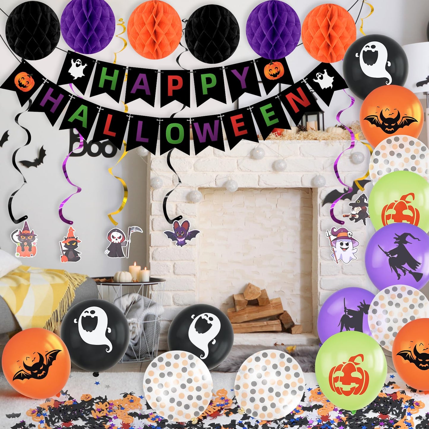 Happy Halloween Decorations Banner Supplies, Boo Classroom Hanging Cute Decoration Kit Dots Hanging Garland Honeycomb Ball Swirl Streamers for Halloween Party Decor Indoor Adult